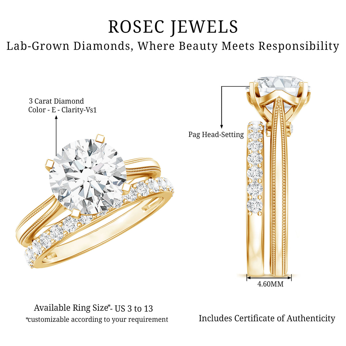 Rosec Jewels-IGI Documented 3 Carat Lab Grown Diamond Solitaire Bridal Ring Set