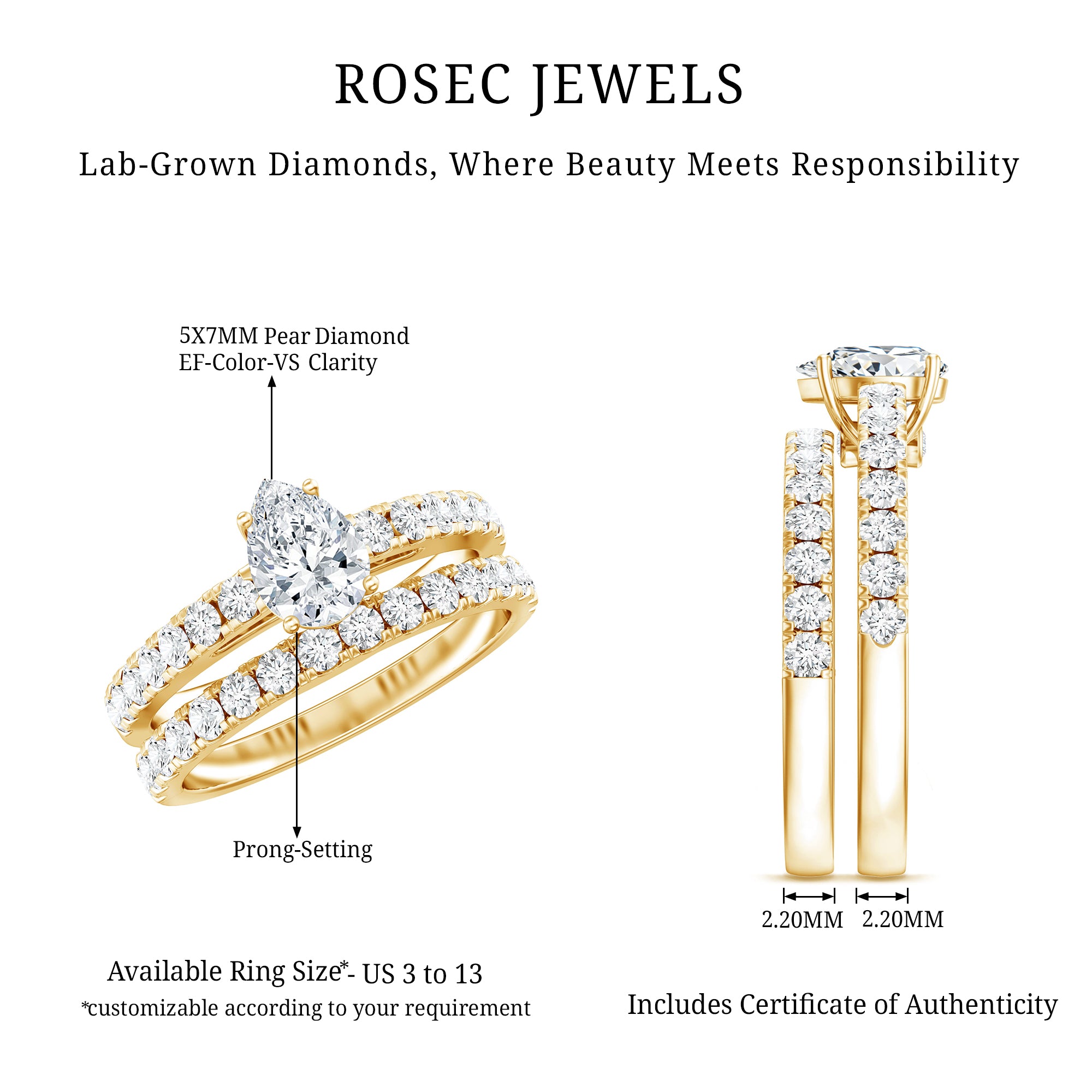 IGI Certified 1 Carat Lab Grown Diamond Pear Engagement Ring with Wedding Band Lab - ( E-VS1 ) - Rosec Jewels