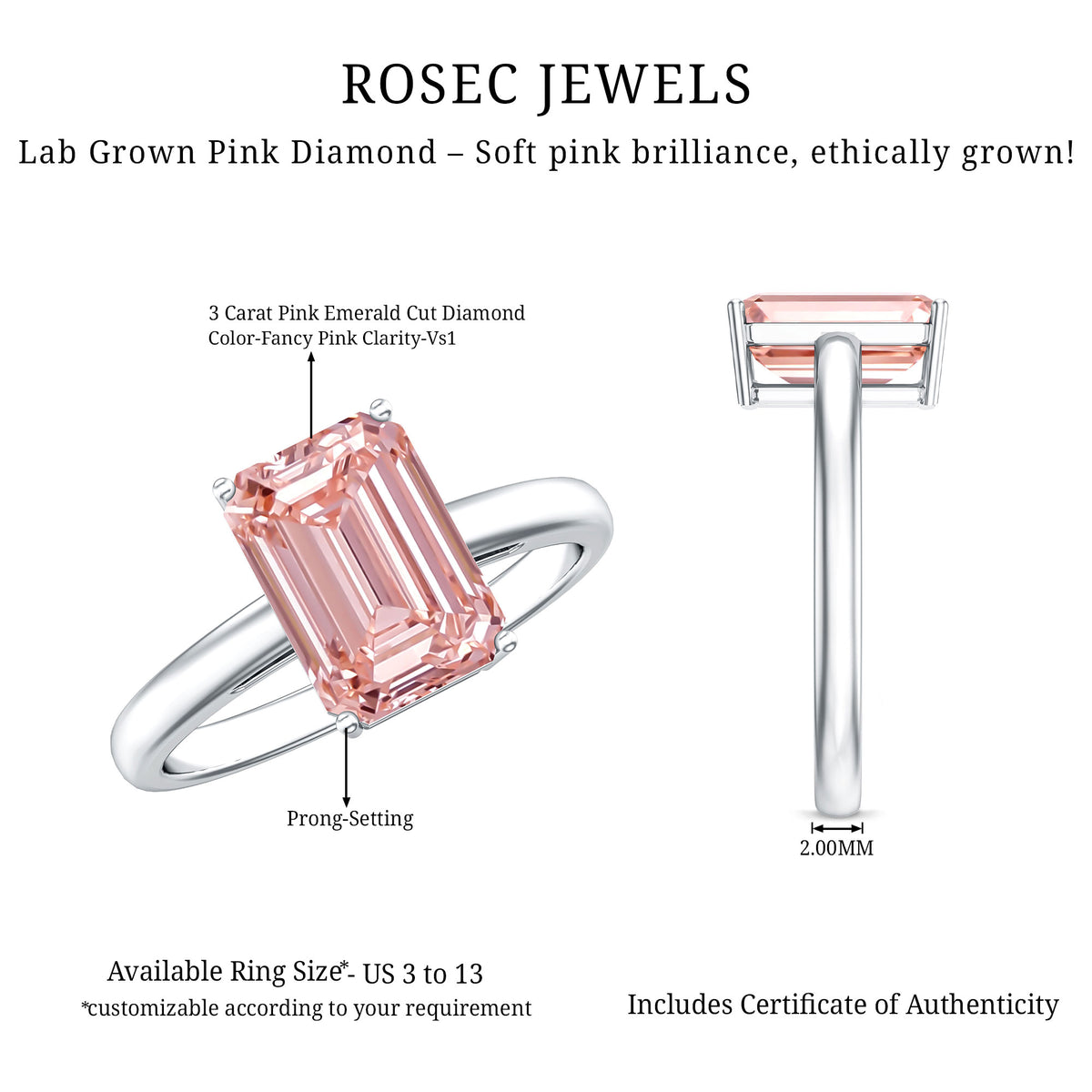 Rosec Jewels-3 Carat Lab Pink Diamond Emerald Cut Solitaire Engagement Ring with IGI Certificate