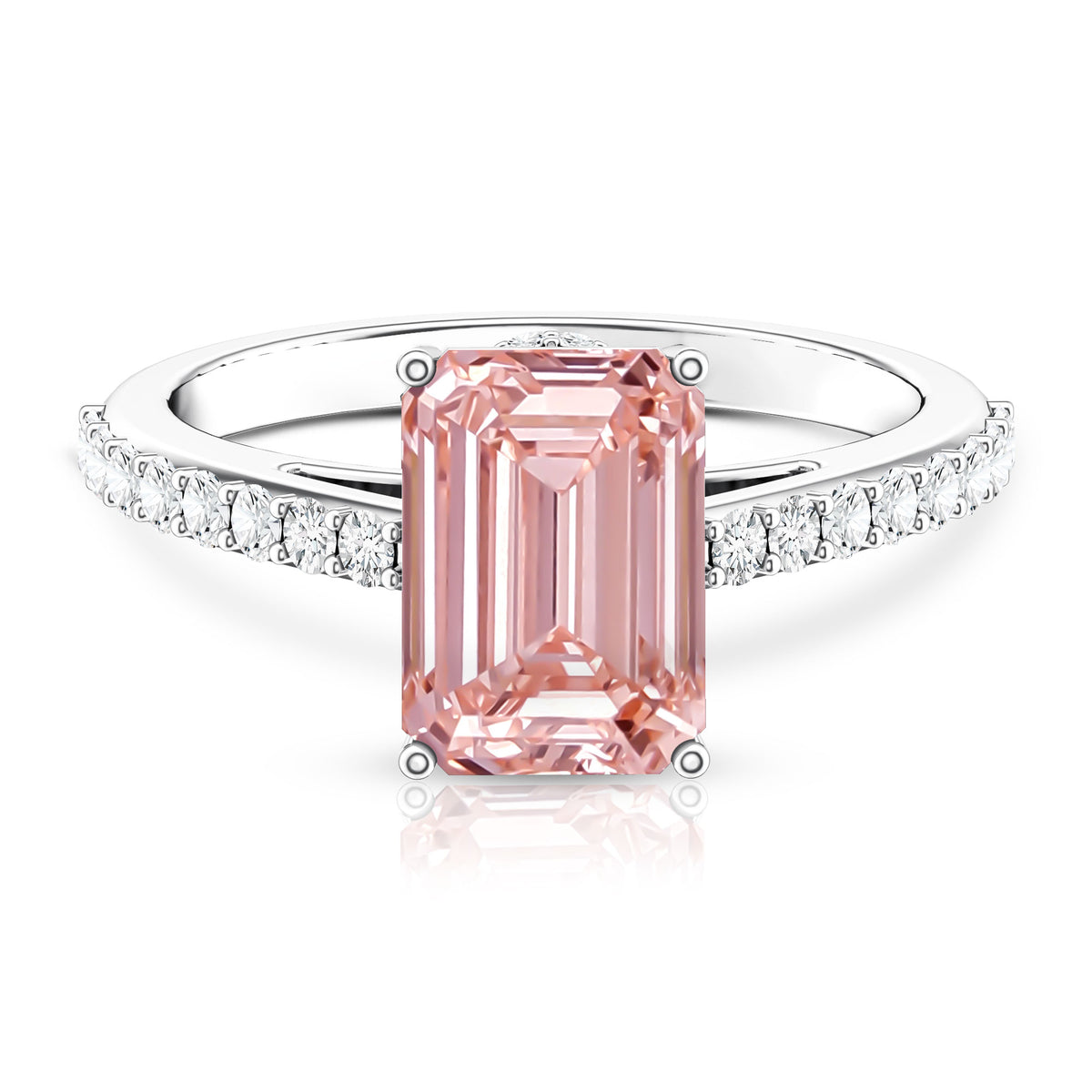 3 Carat Emerald Cut Lab Pink Diamond Hidden Halo Engagement Ring IGI Certified Fancy Pink - VS1 - Rosec Jewels