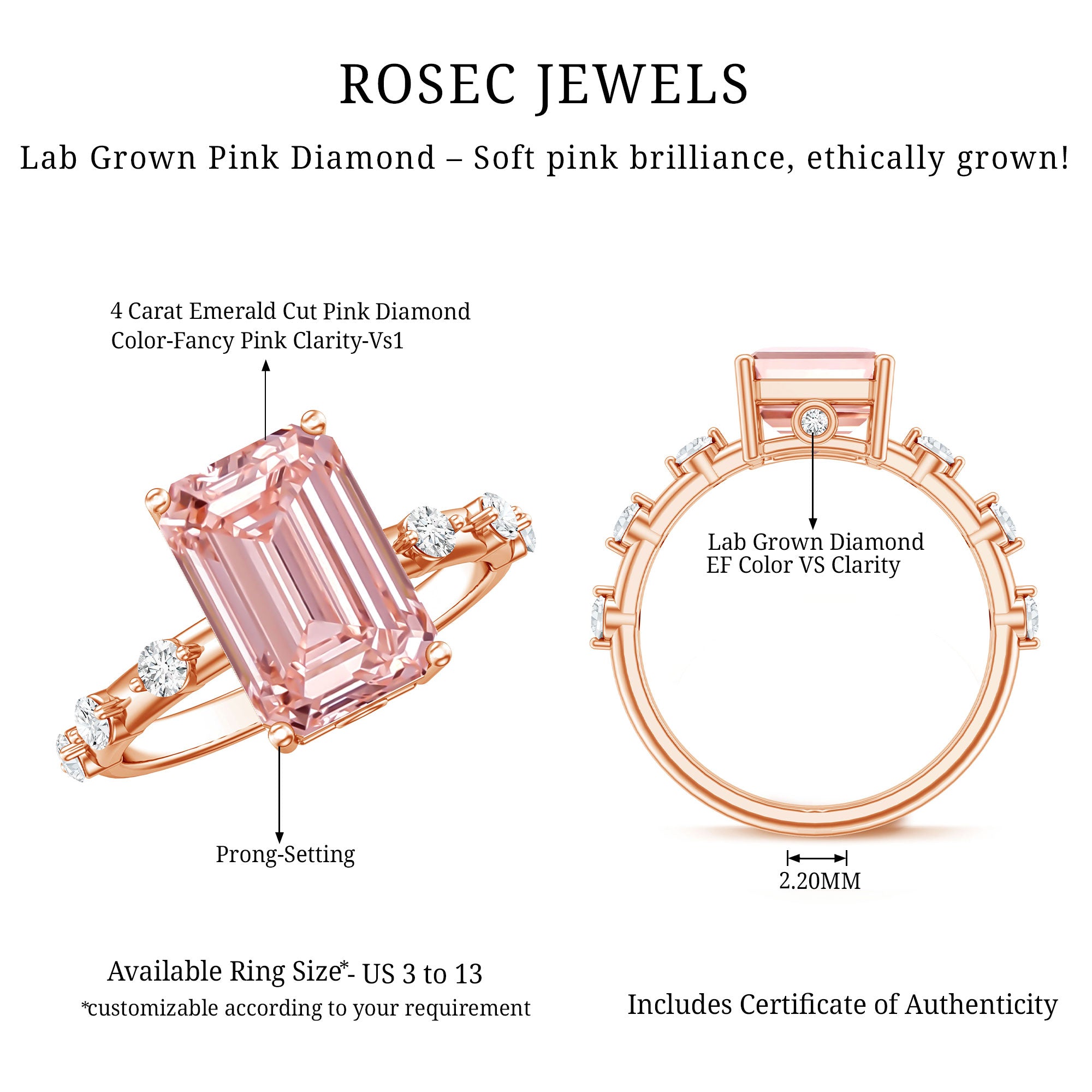 Rosec Jewels-IGI Verified 4 Carat Lab Grown Pink Diamond Emerald Cut Engagement Ring for Women