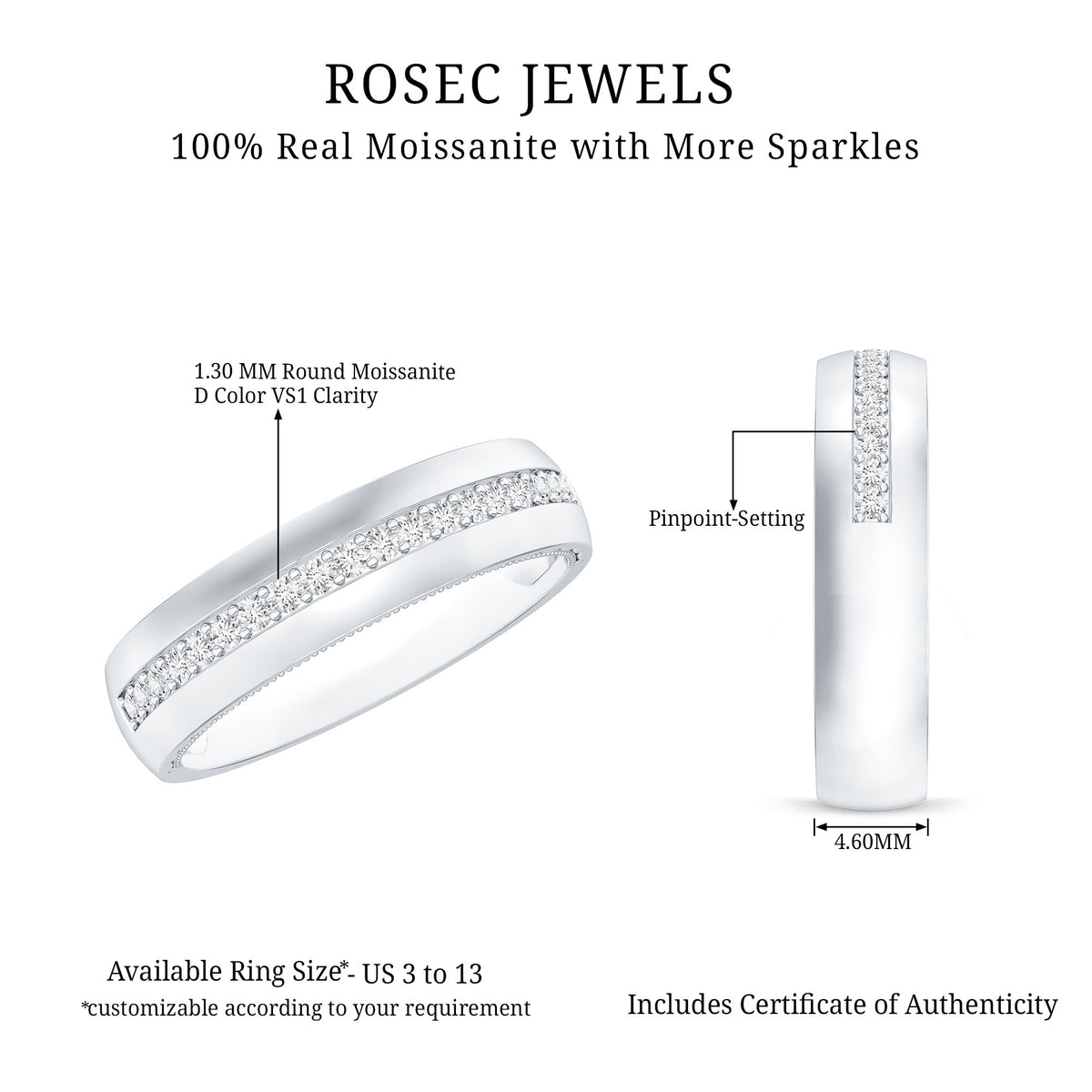 Certified Moissanite Classic Wedding Band Ring D-VS1 - Rosec Jewels