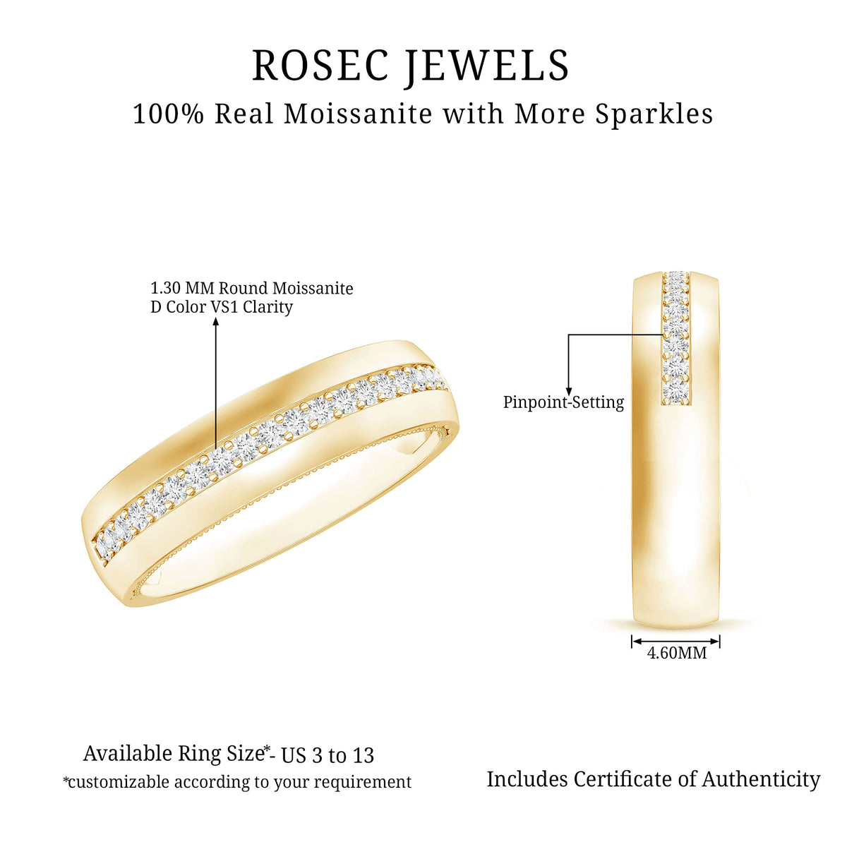 Certified Moissanite Classic Wedding Band Ring D-VS1 - Rosec Jewels