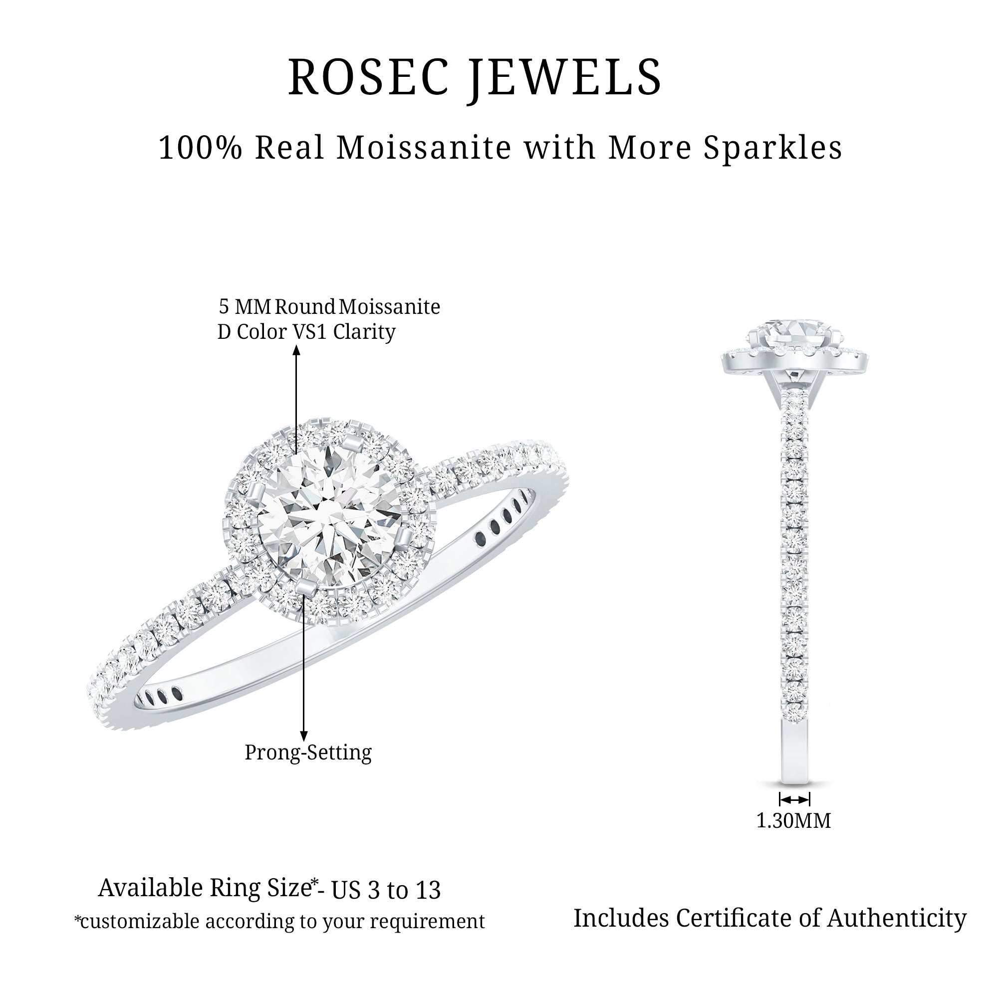 1.25 CT Moissanite Classic Halo Engagement Ring D-VS1 - Rosec Jewels