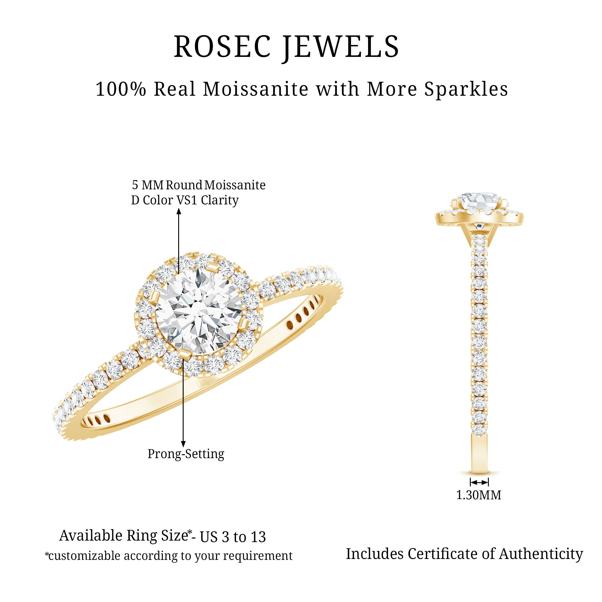 1.25 CT Moissanite Classic Halo Engagement Ring D-VS1 - Rosec Jewels