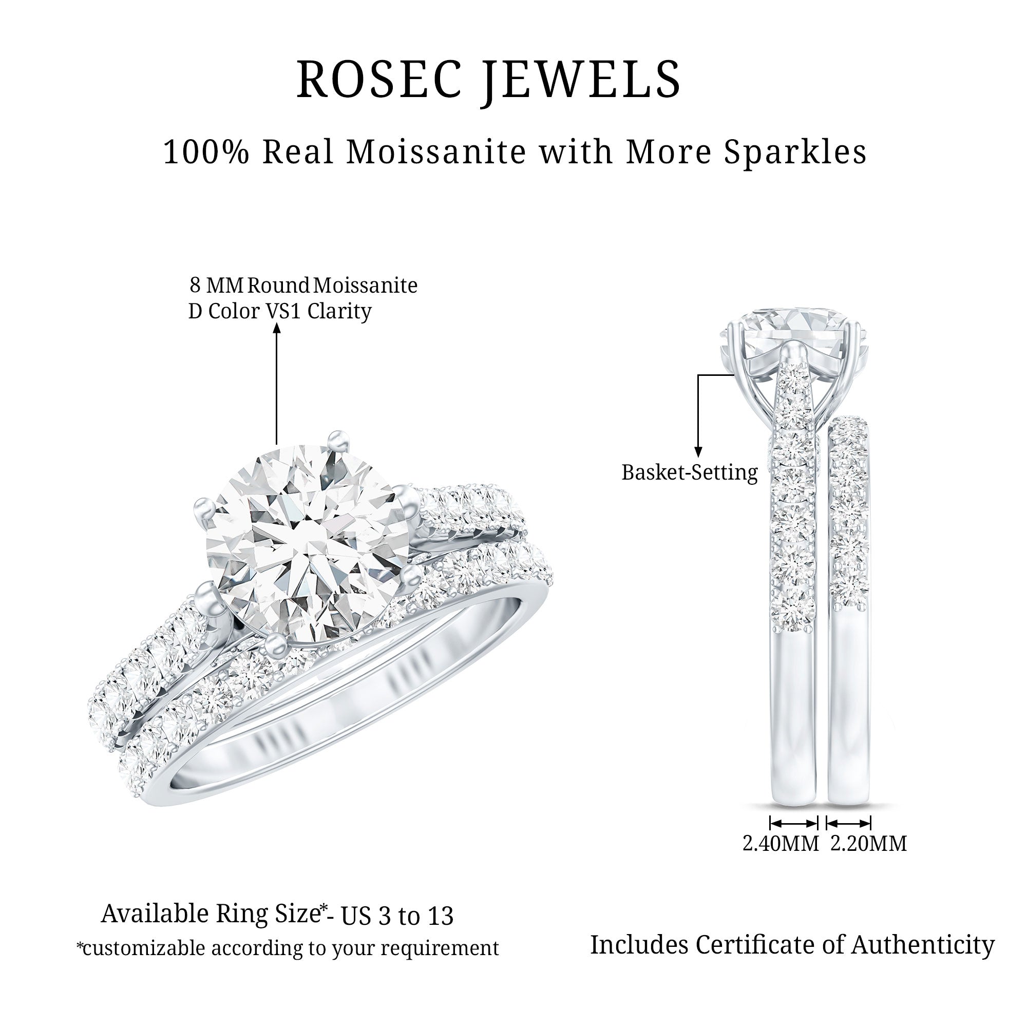 4 CT Moissanite Solitaire Engagement Ring Set With Eternity Band D-VS1 - Rosec Jewels