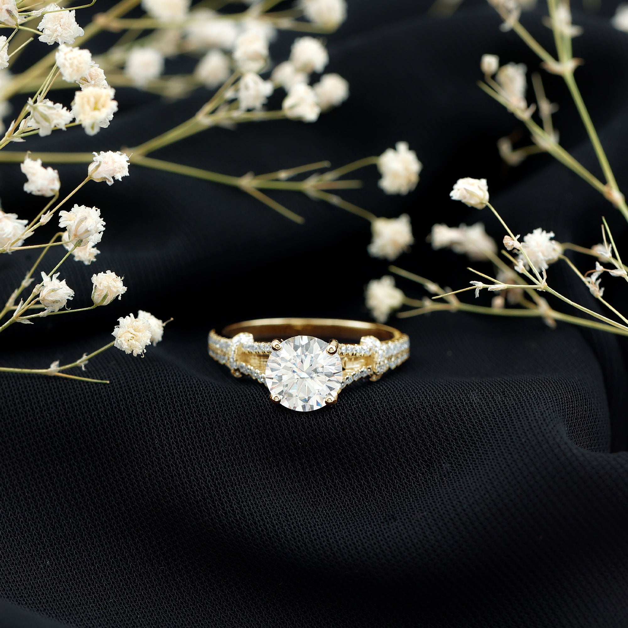 Rosec Jewels-Round Shape Moissanite Solitaire Engagement Ring in Split Shank