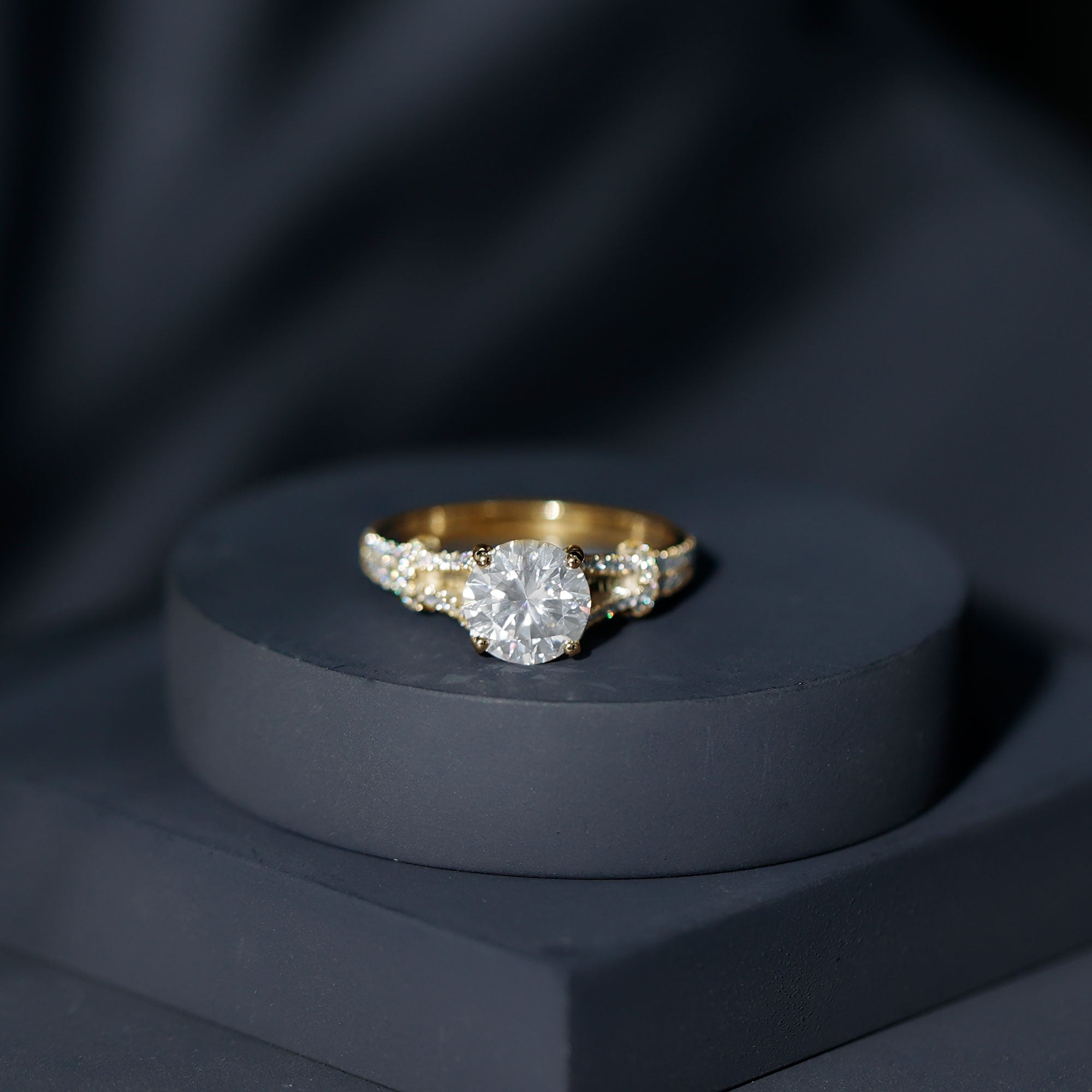 Rosec Jewels-Round Shape Moissanite Solitaire Engagement Ring in Split Shank