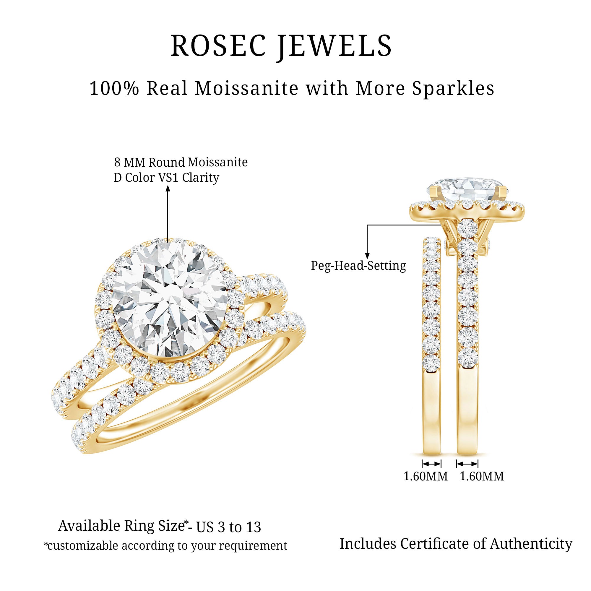 3 CT Moissanite Classic Wedding Ring Set D-VS1 - Rosec Jewels