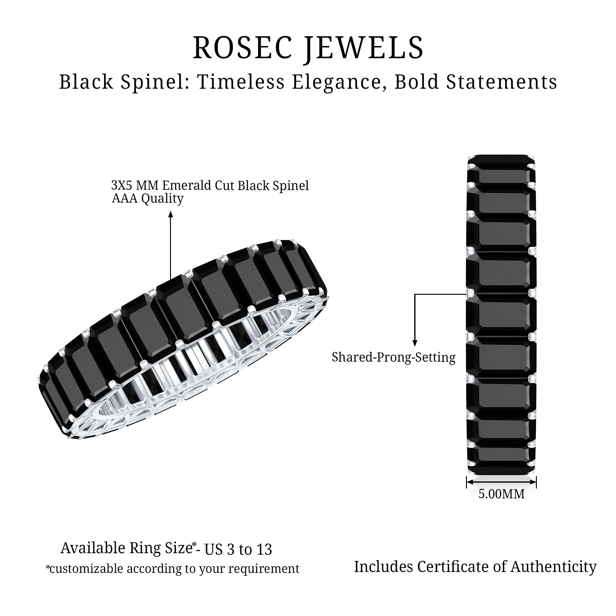 Emerald Cut Black Spinel Eternity Band AAA - Rosec Jewels