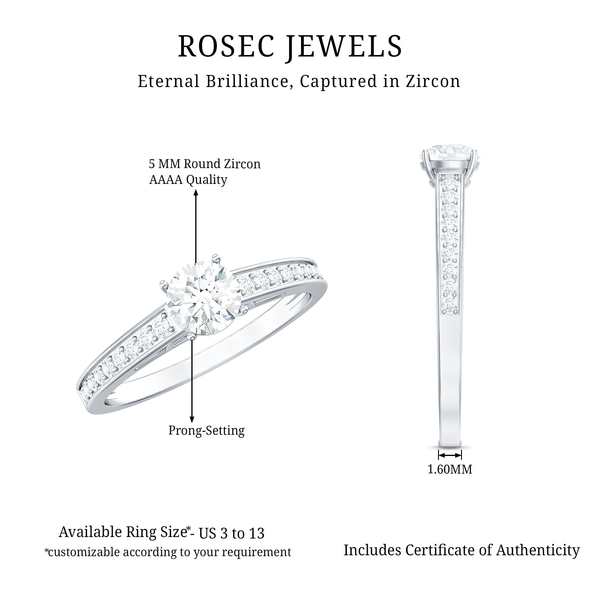 Cubic Zirconia Engagement Ring with Side Stones AAAA - Rosec Jewels