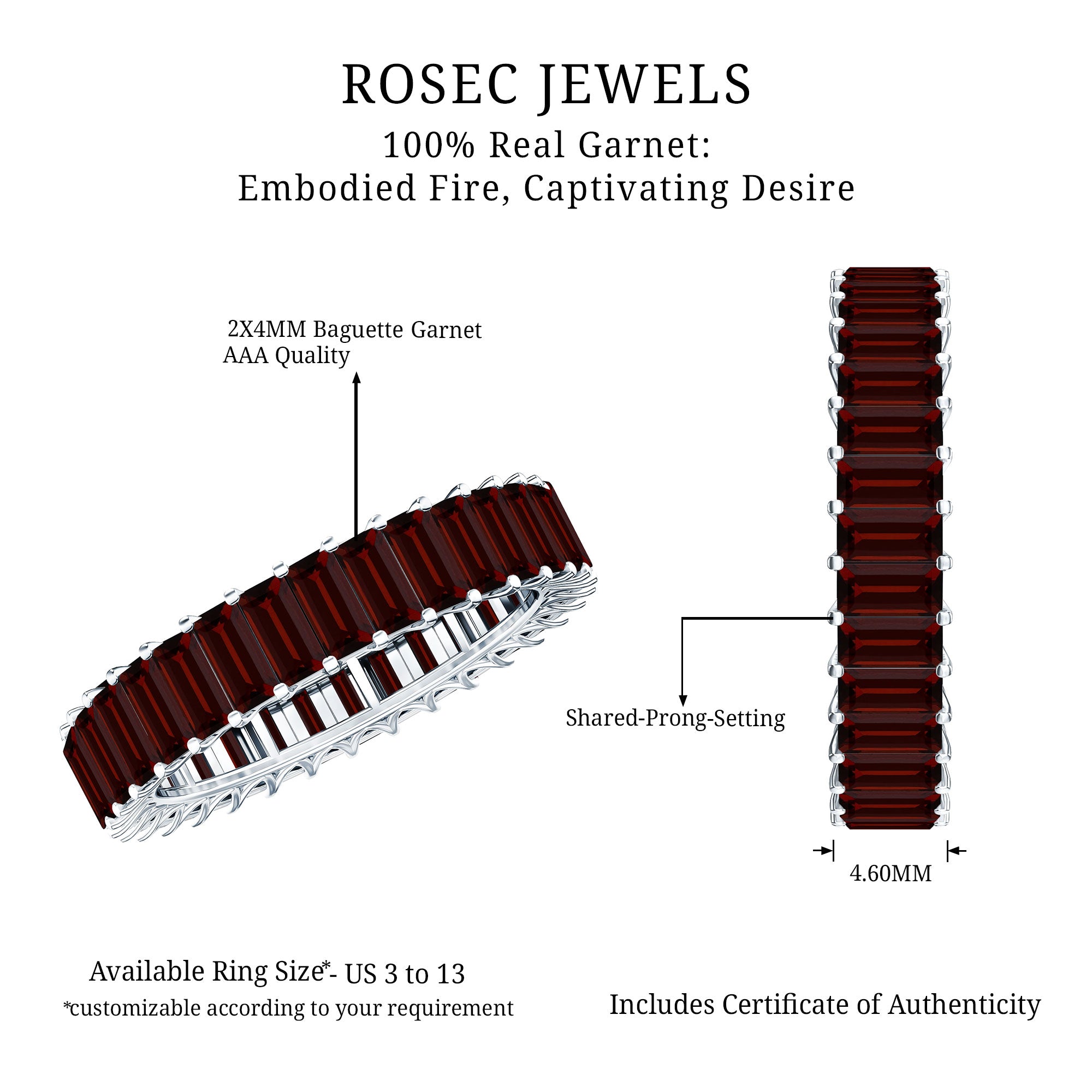 Certified Natural Baguette Garnet Eternity Band Ring AAA - Rosec Jewels