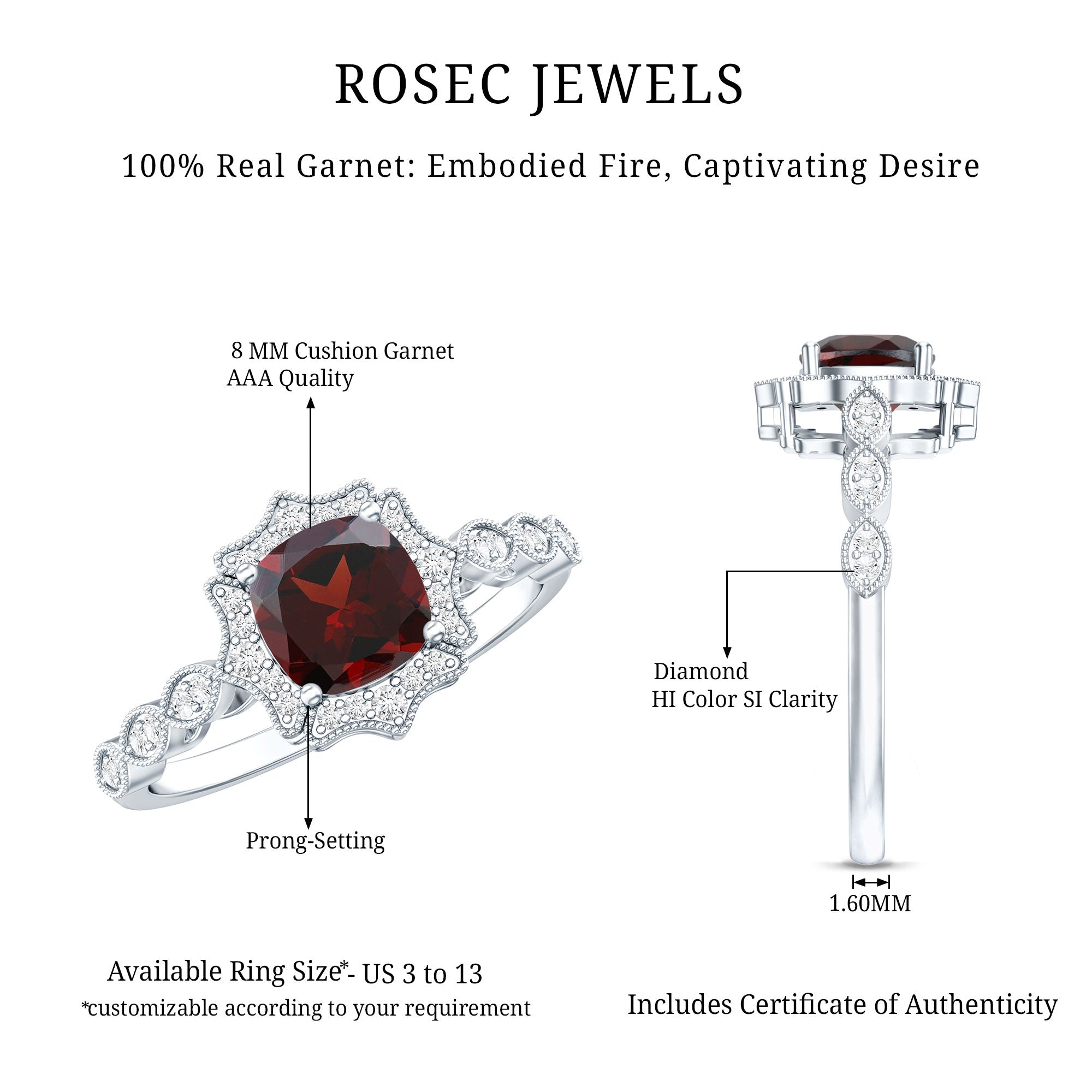 Vintage Looking 3.2 Carat Garnet Cushion Cut Engagement Ring with Diamond AAA - Rosec Jewels