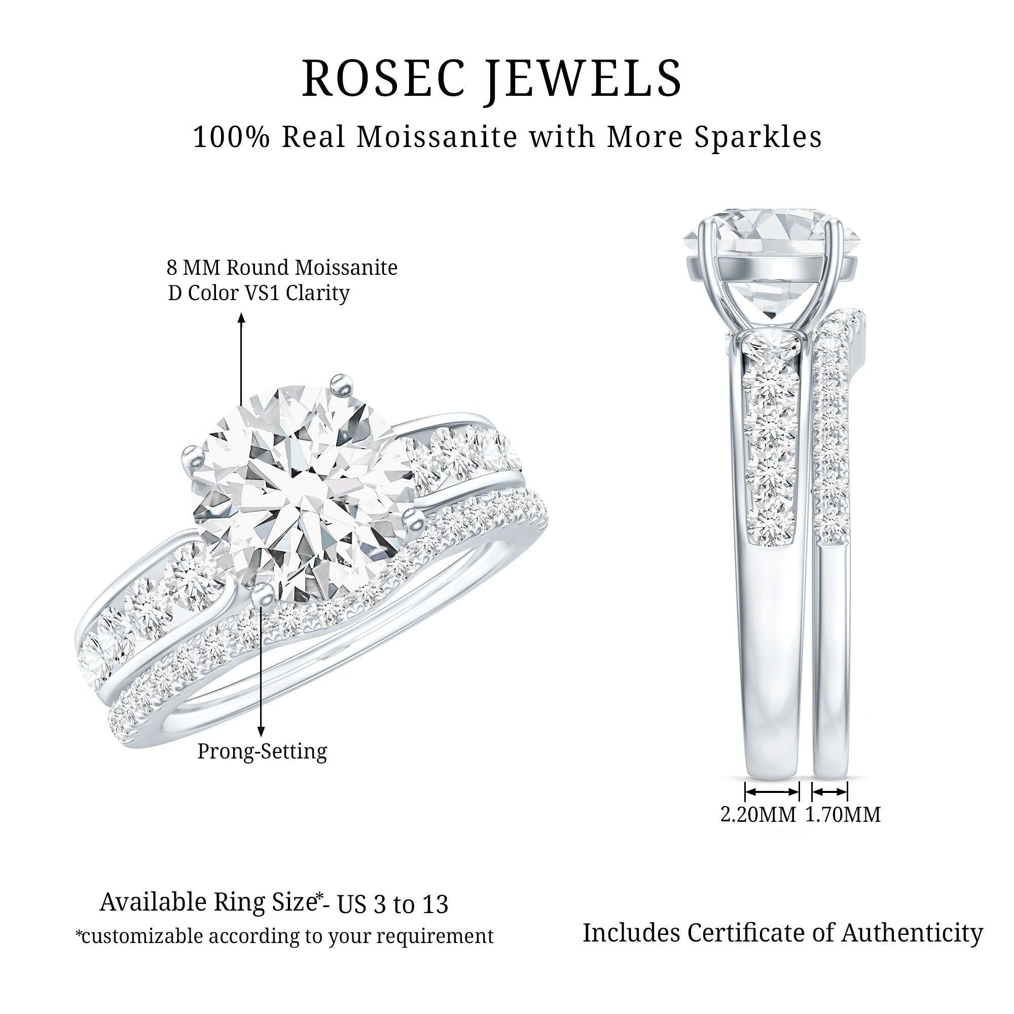 Certified 2 Carat Moissanite Engagement Ring with Wedding Band D-VS1 92.5 Sterling Silver 10.5 - Rosec Jewels