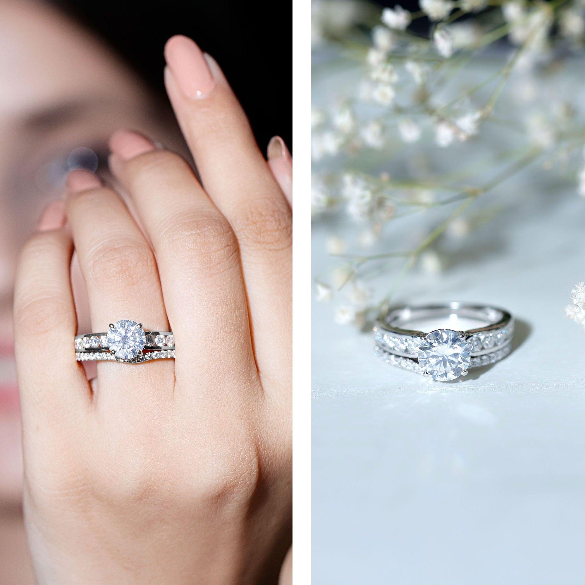 Certified 2 Carat Moissanite Engagement Ring with Wedding Band D-VS1 92.5 Sterling Silver 10.5 - Rosec Jewels