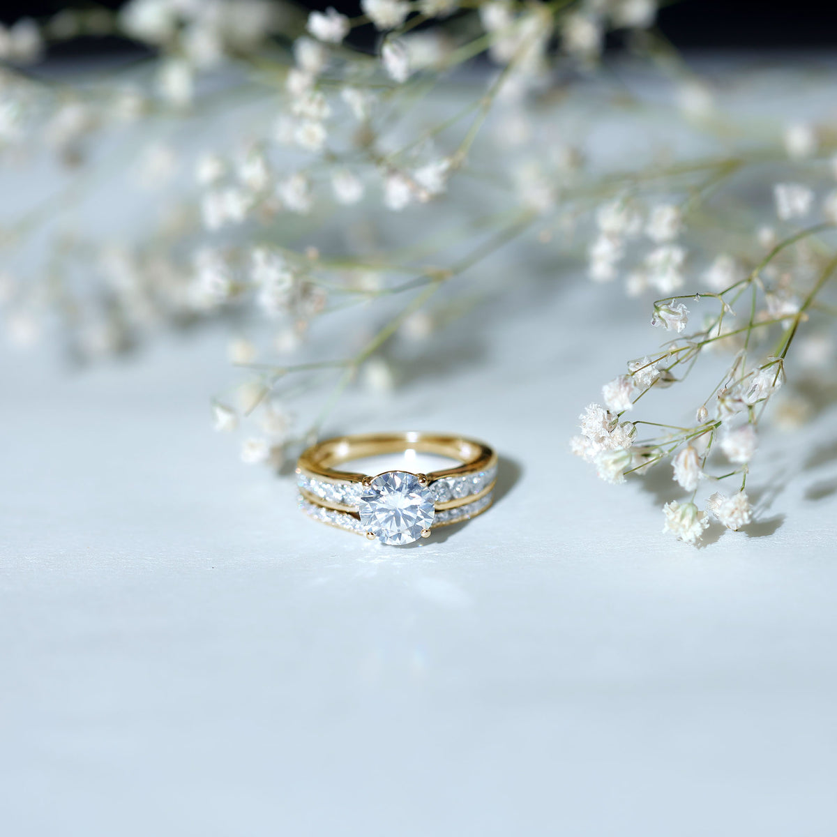 Certified 2 Carat Round Moissanite Engagement Ring with Wedding Band D-VS1 - Rosec Jewels
