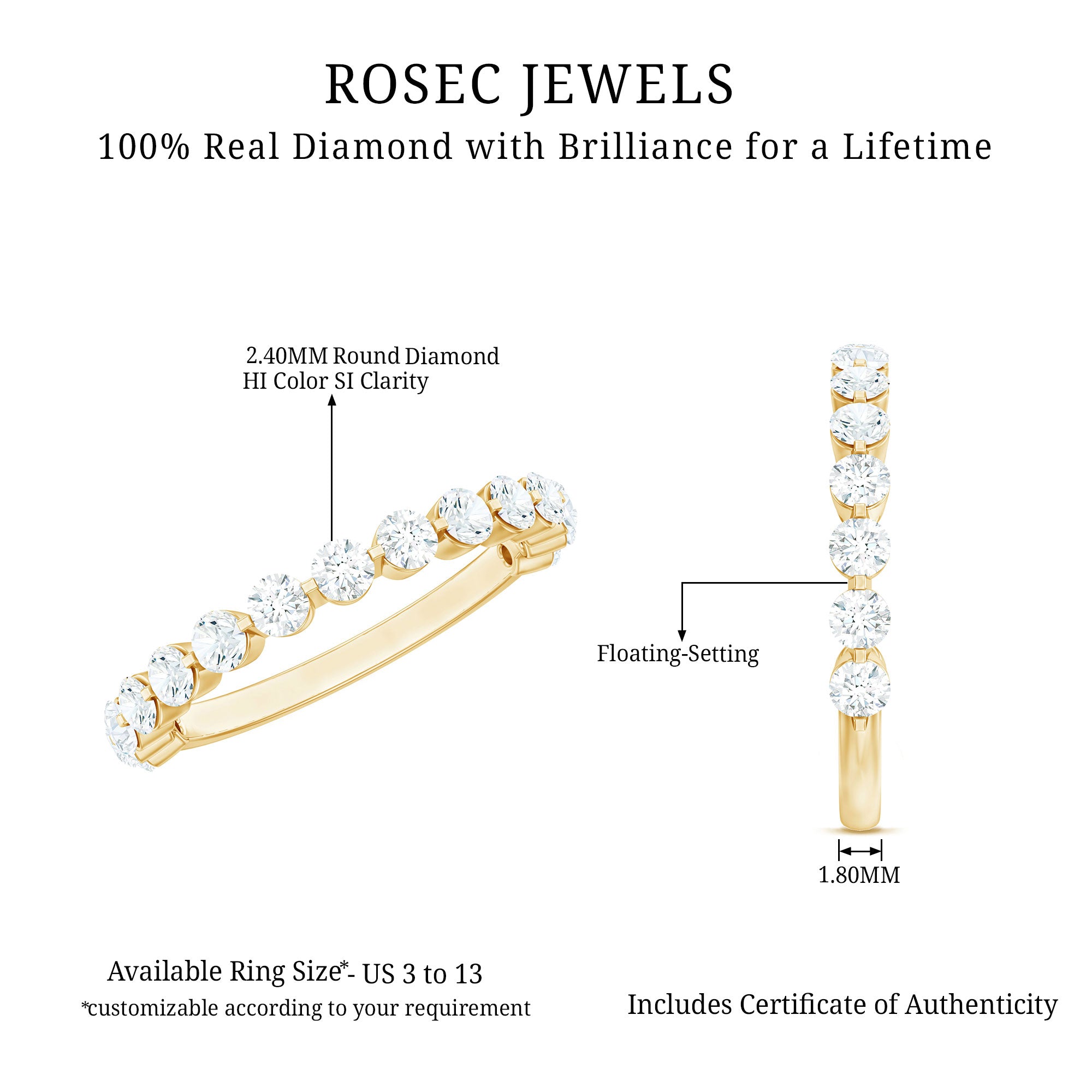 Round Shape Floating Diamond Half Eternity Ring Natural - ( HI-SI ) - Rosec Jewels