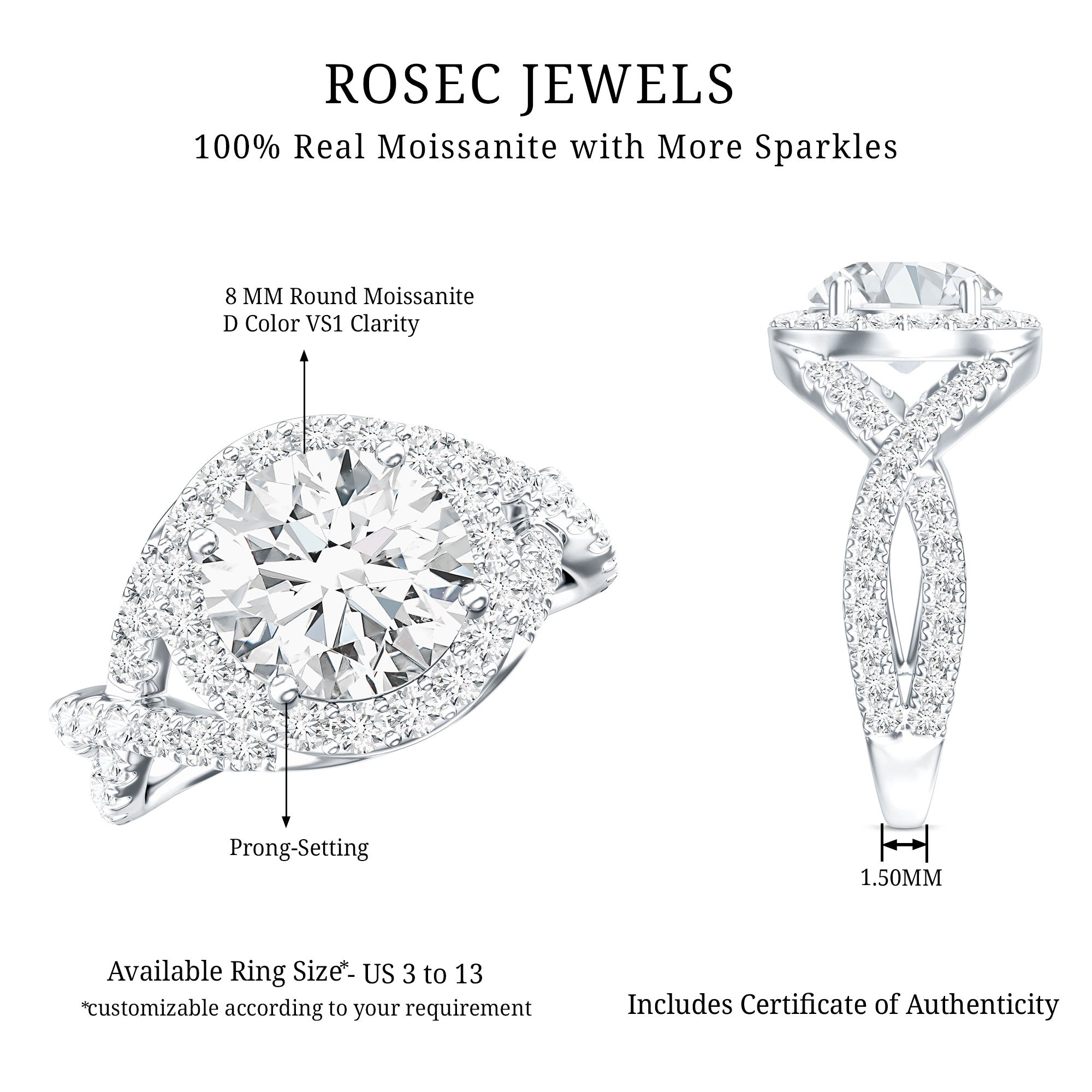 Round Moissanite Crossover Engagement Ring for Women D-VS1 - Rosec Jewels