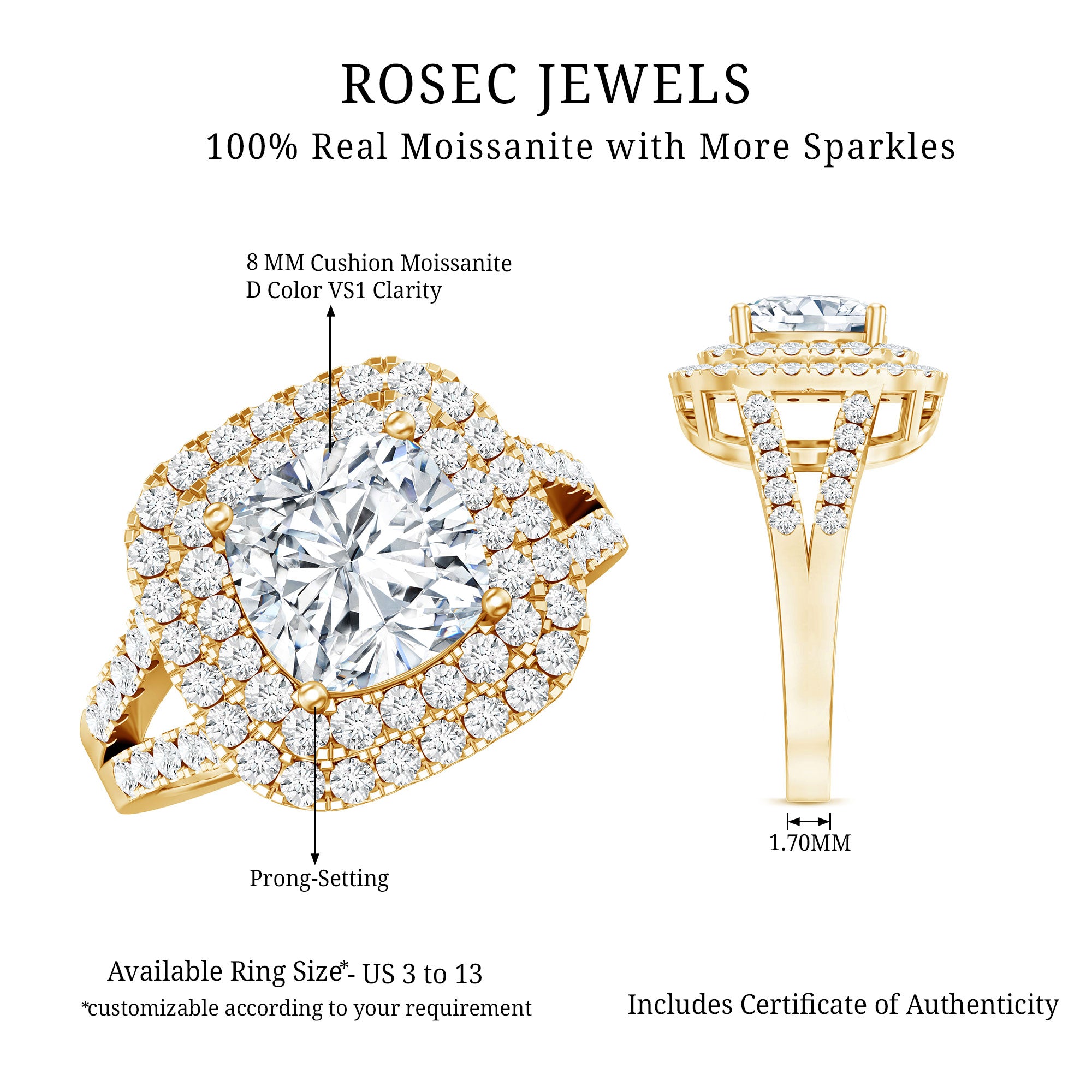 Certified Cushion Cut Moissanite Double Halo Engagement Ring D-VS1 - Rosec Jewels