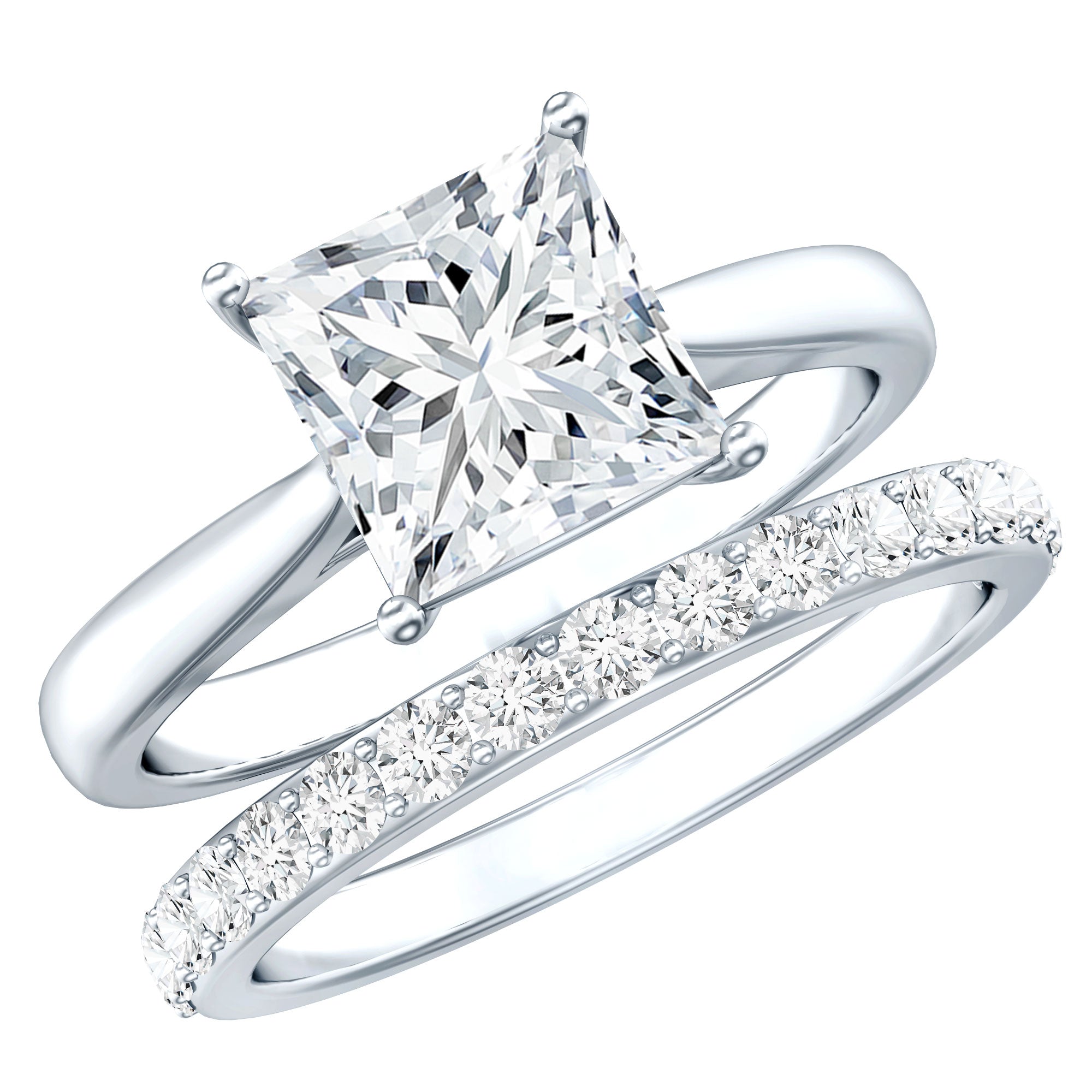 Certified 3 Carat Princess Cut Moissanite Engagement Ring with Wedding Band D-VS1 - Rosec Jewels