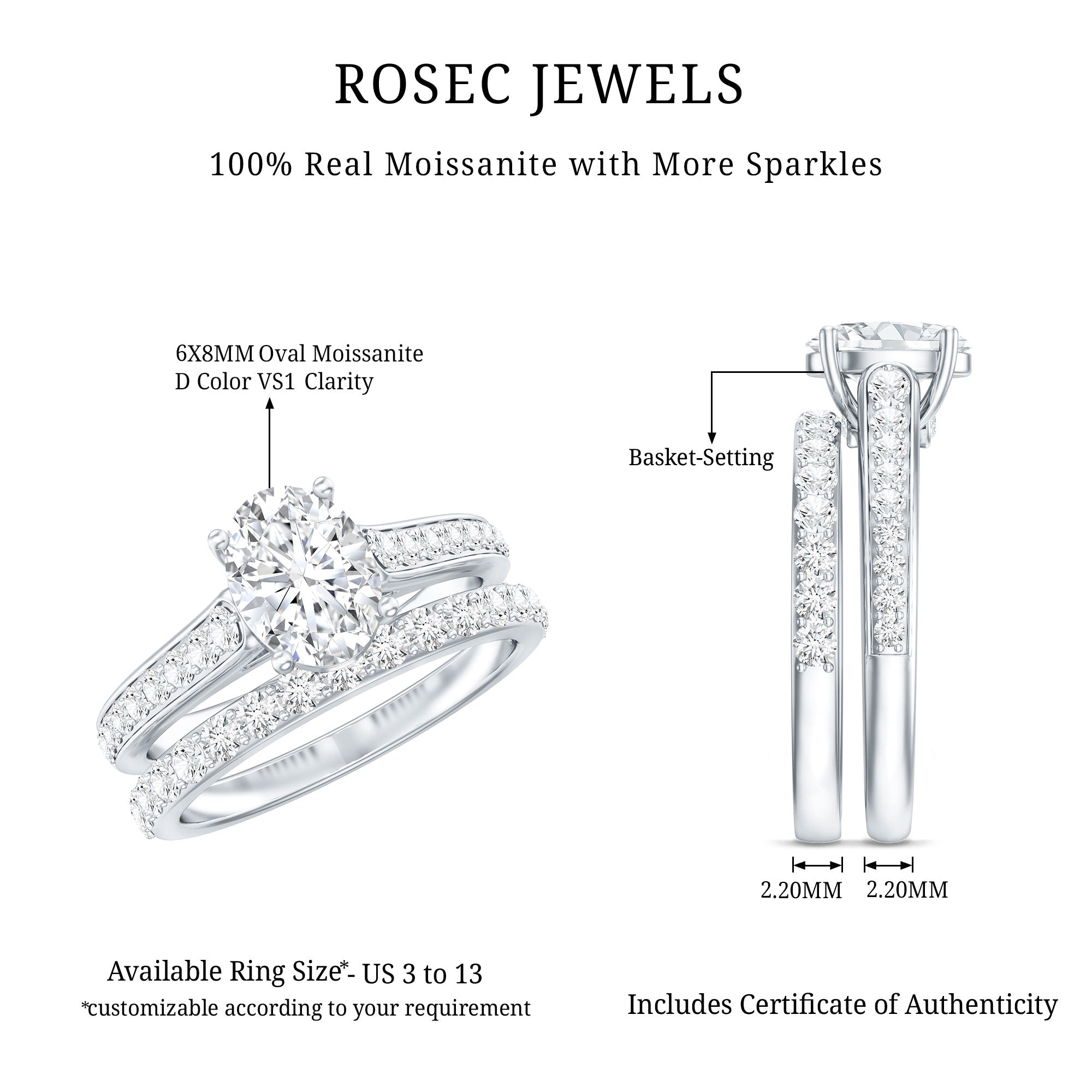 Certified Moissanite Oval Engagement Ring Set D-VS1 - Rosec Jewels