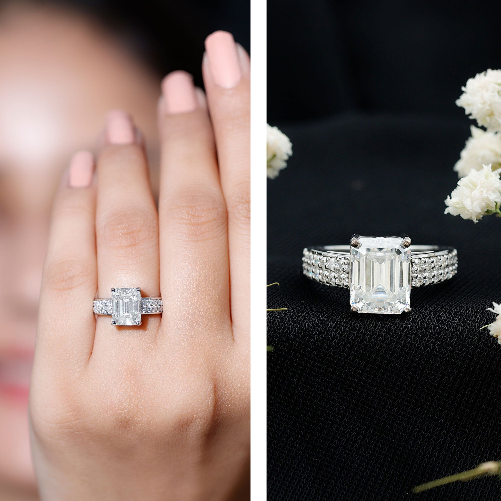 Emerald Cut Moissanite Big Engagement Ring D-VS1 - Rosec Jewels