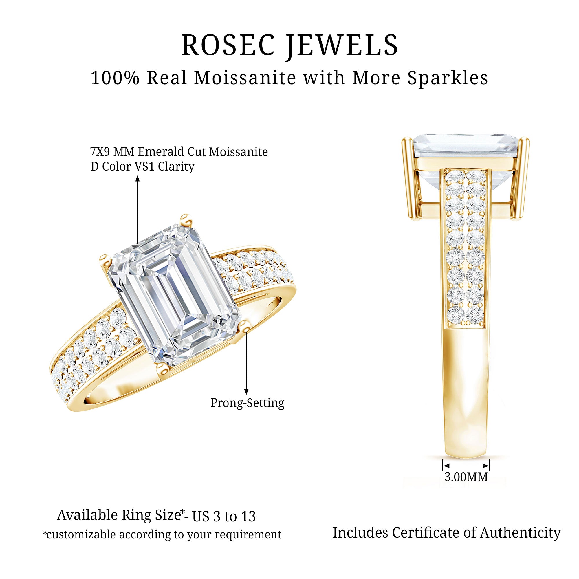 Emerald Cut Moissanite Big Engagement Ring D-VS1 - Rosec Jewels