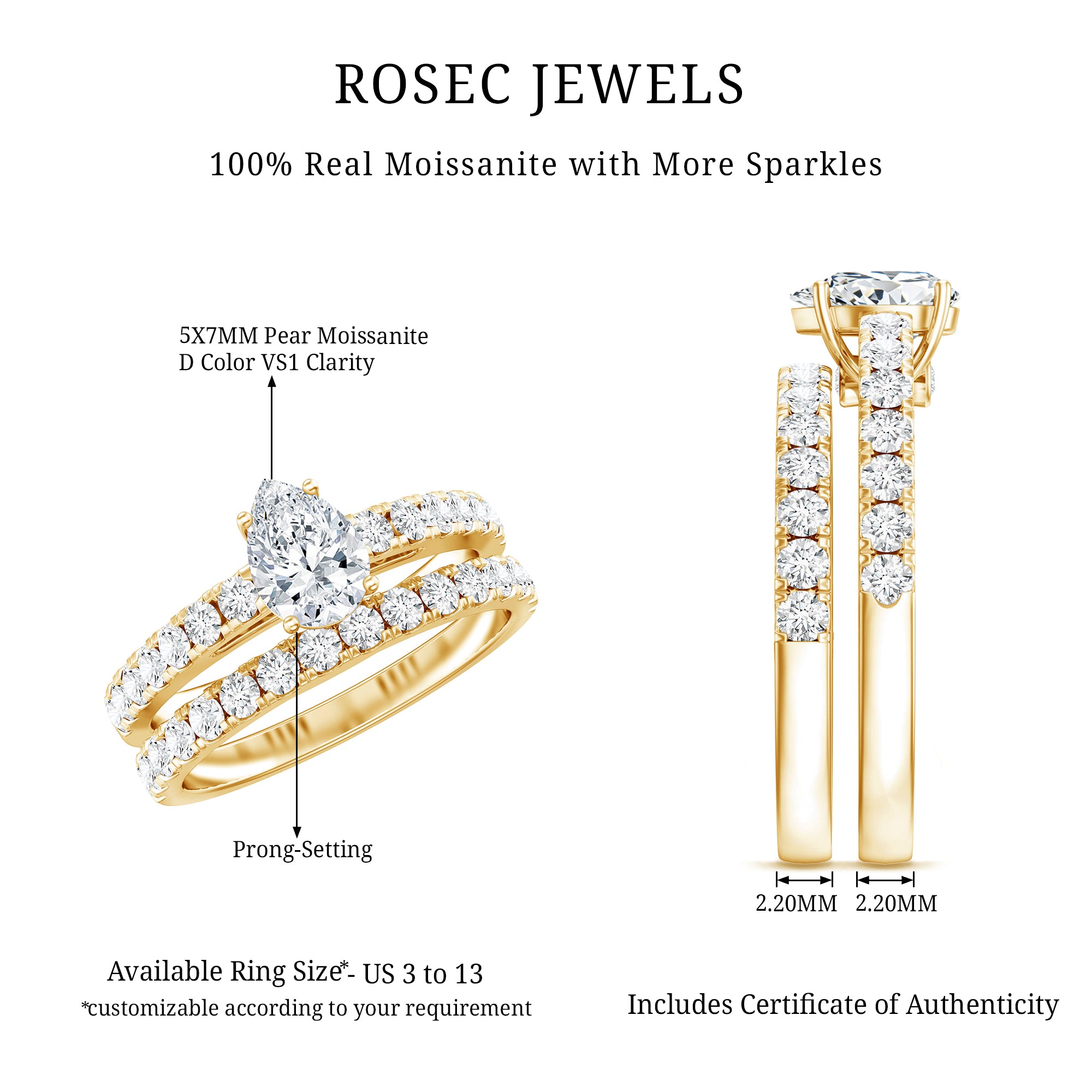 Pear Shaped Moissanite Engagement Ring with Wedding Band D-VS1 - Rosec Jewels
