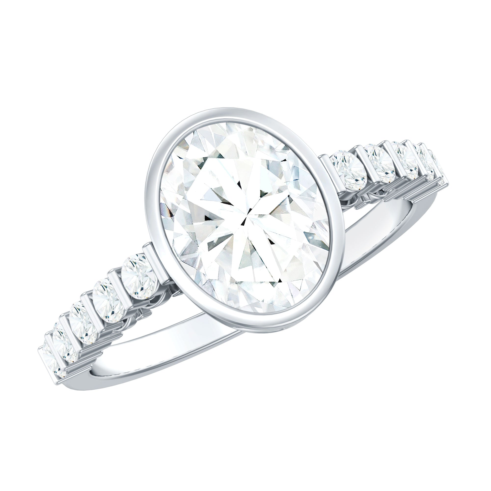 Bezel Set Moissanite Oval Engagement Ring with Side Stones