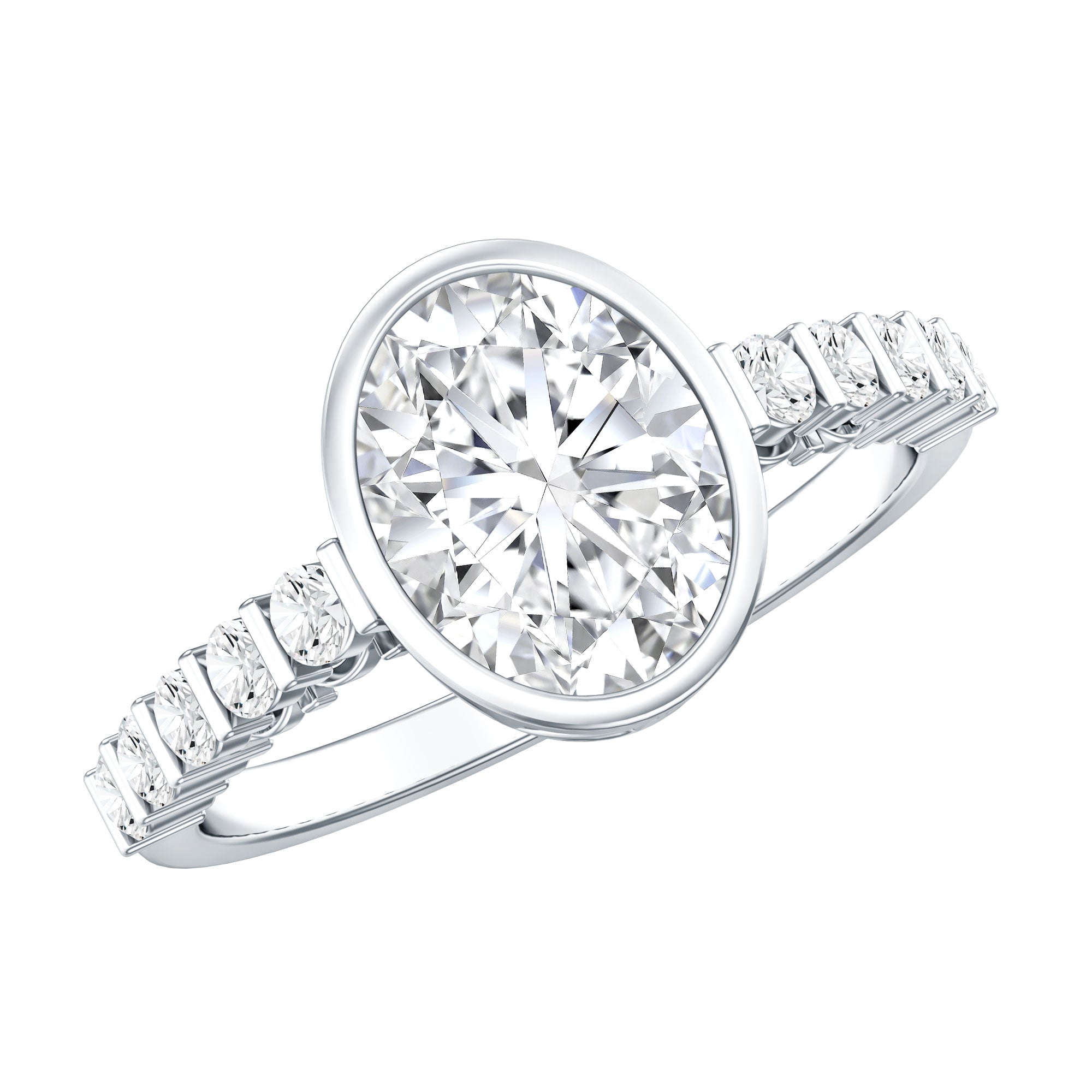 Bezel Set Moissanite Oval Engagement Ring with Side Stones D-VS1 - Rosec Jewels