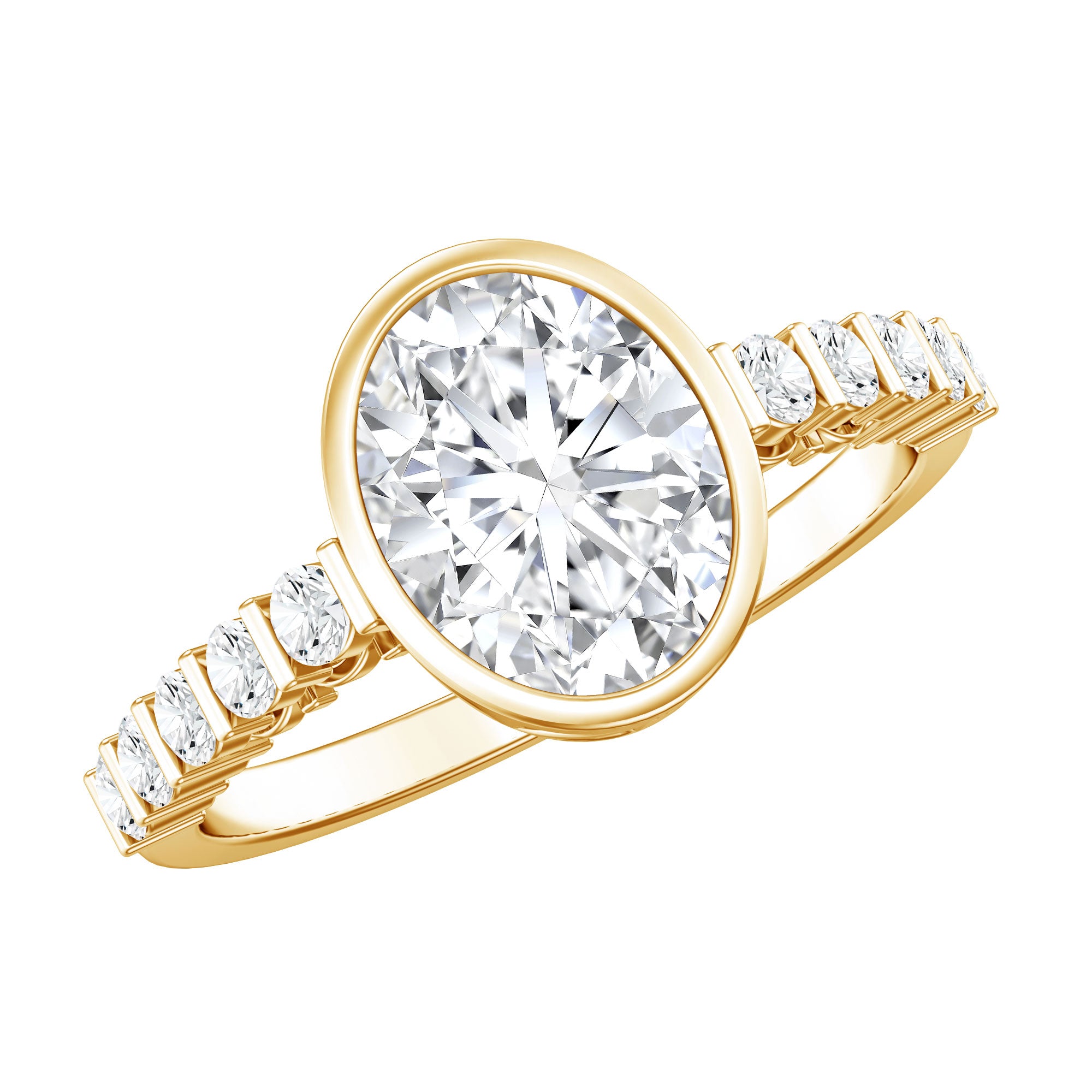 Bezel Set Moissanite Oval Engagement Ring with Side Stones D-VS1 - Rosec Jewels