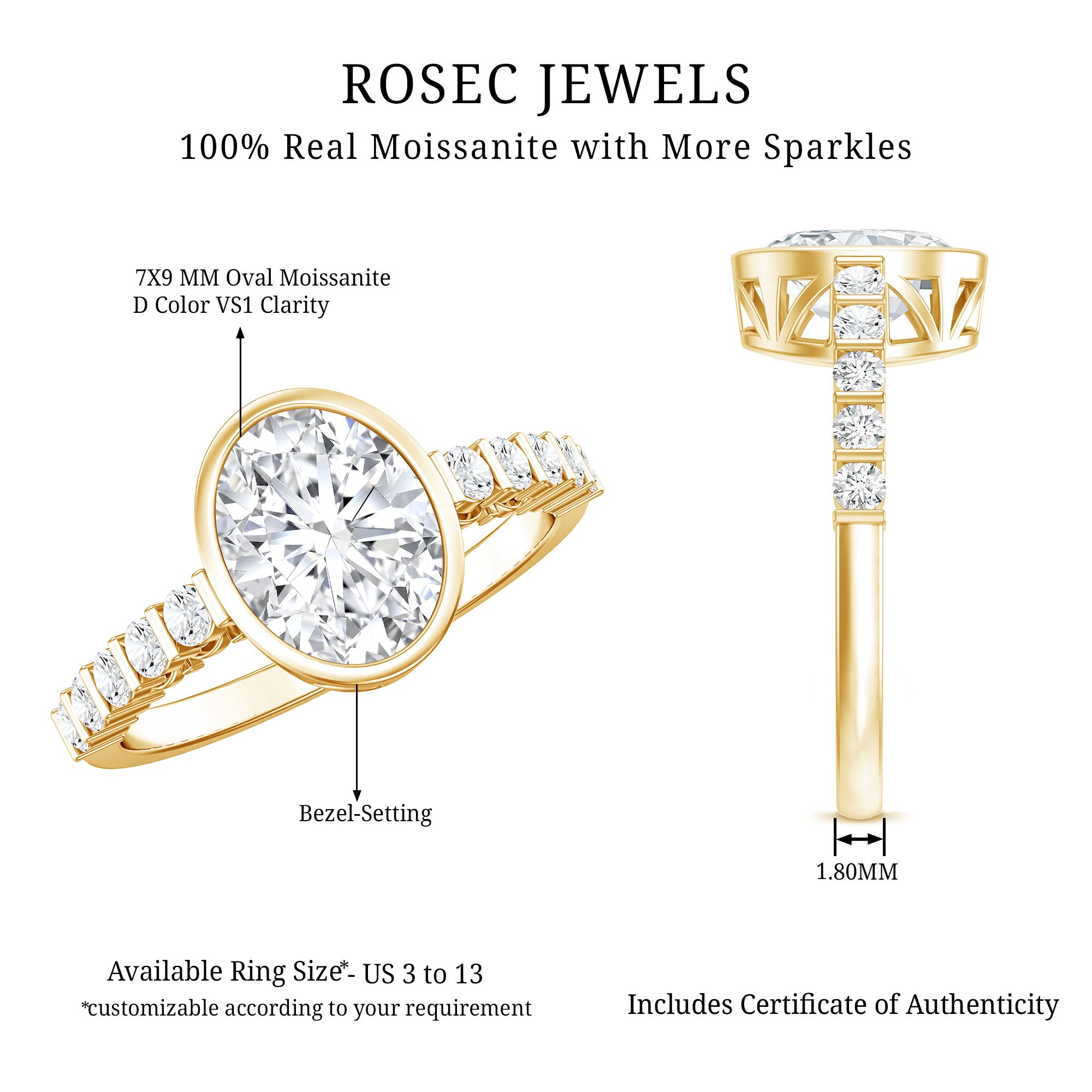 Bezel Set Moissanite Oval Engagement Ring with Side Stones D-VS1 - Rosec Jewels
