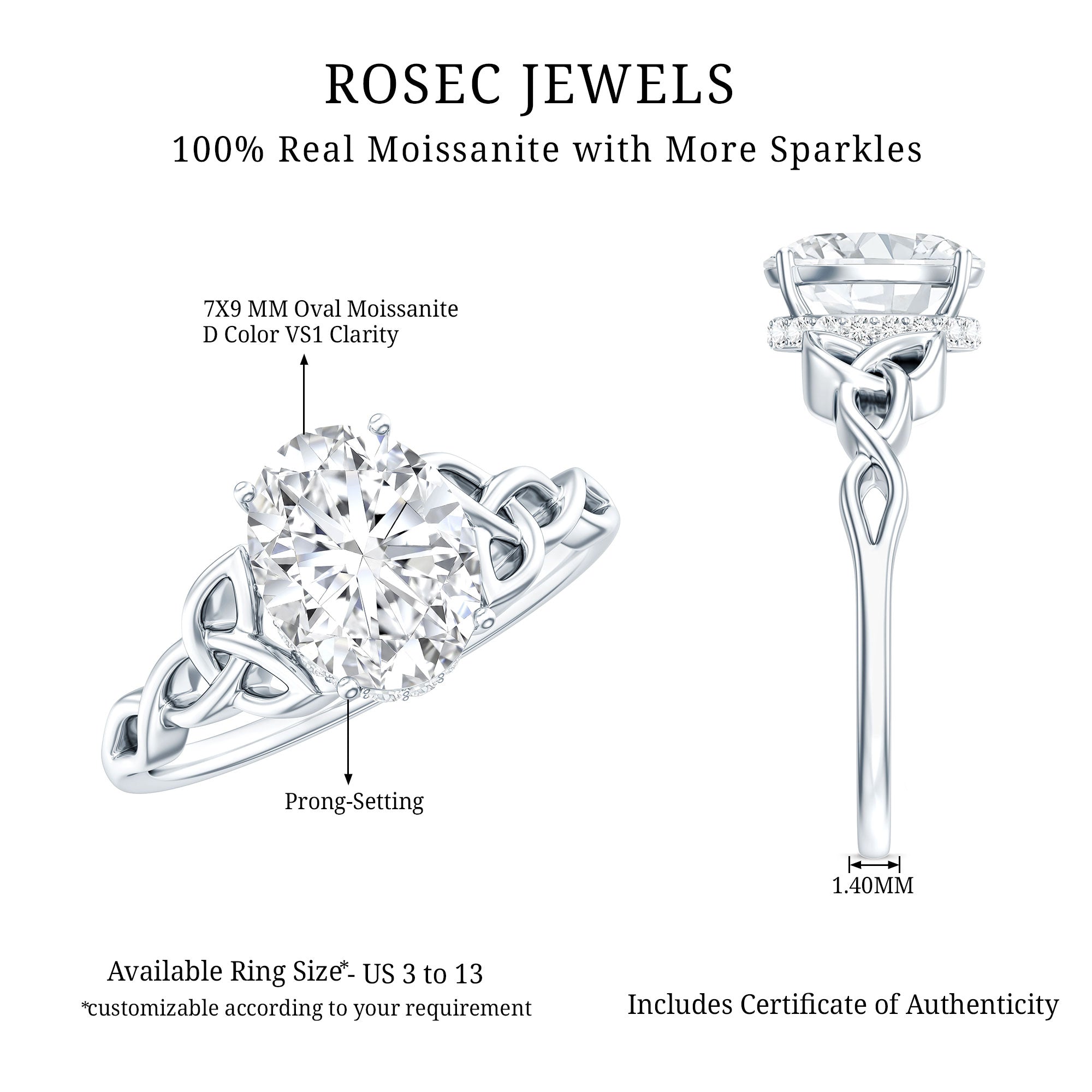 Certified 2 Carat Moissanite Hidden Halo Engagement Ring with Celtic Knot D-VS1 92.5 Sterling Silver - Rosec Jewels