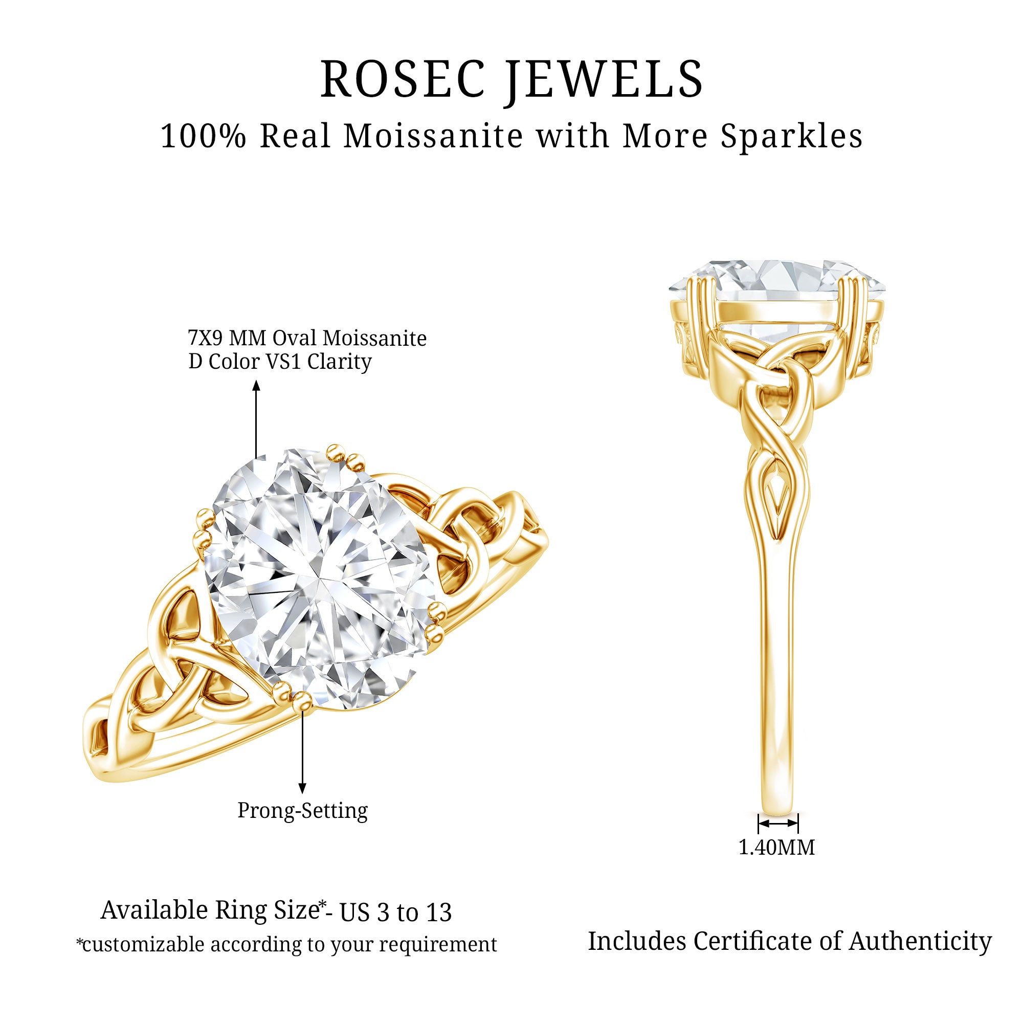 Rosec Jewels-Oval Moissanite Engagement Ring with Celtic Band