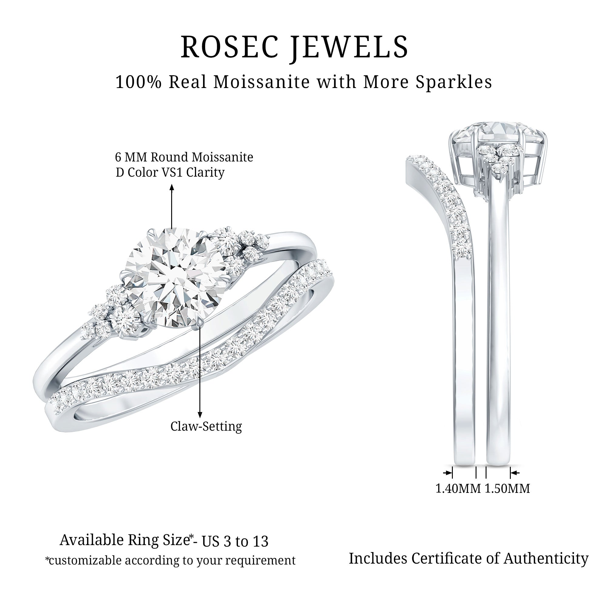 Rosec Jewels-0.9 Carat Round Cut Moissanite Wedding Ring Set For Bride