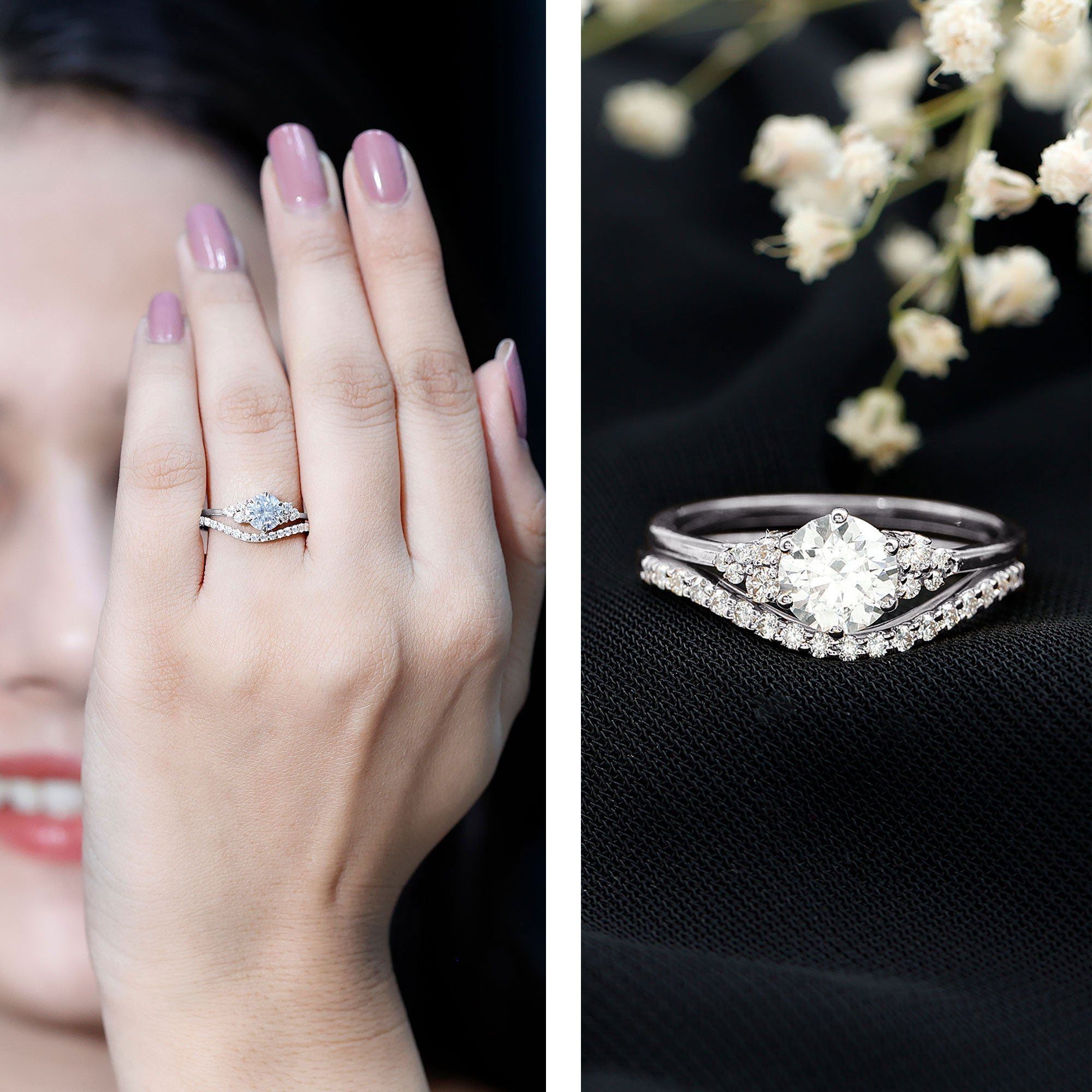 Rosec Jewels-0.9 Carat Round Cut Moissanite Wedding Ring Set For Bride