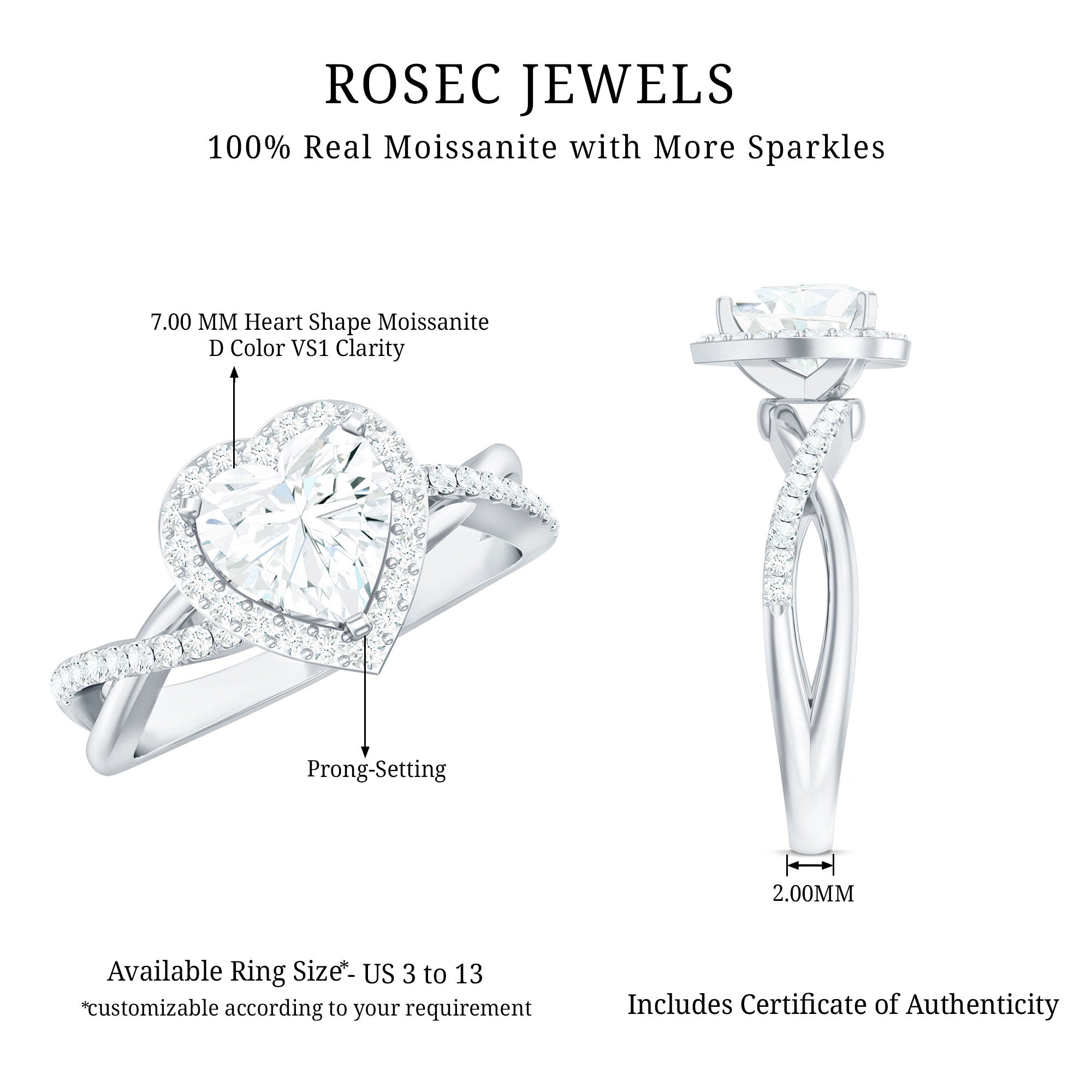 Rosec Jewels-Heart Shape Moissanite Halo Engagement Ring with Criss Cross Band