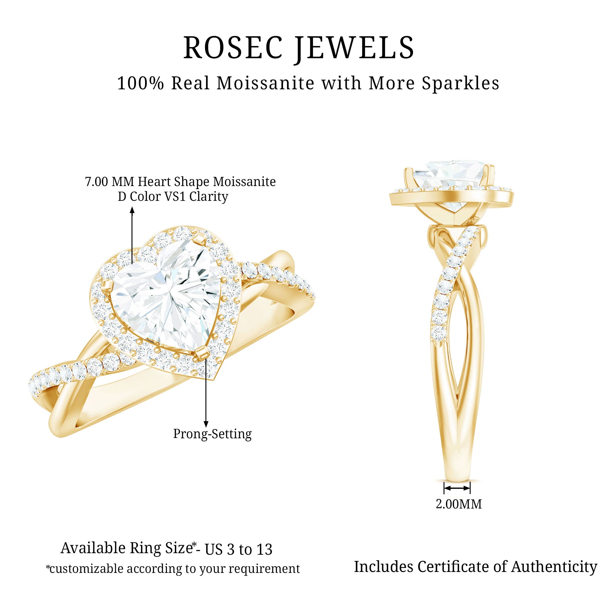 Rosec Jewels-Heart Shape Moissanite Halo Engagement Ring with Criss Cross Band