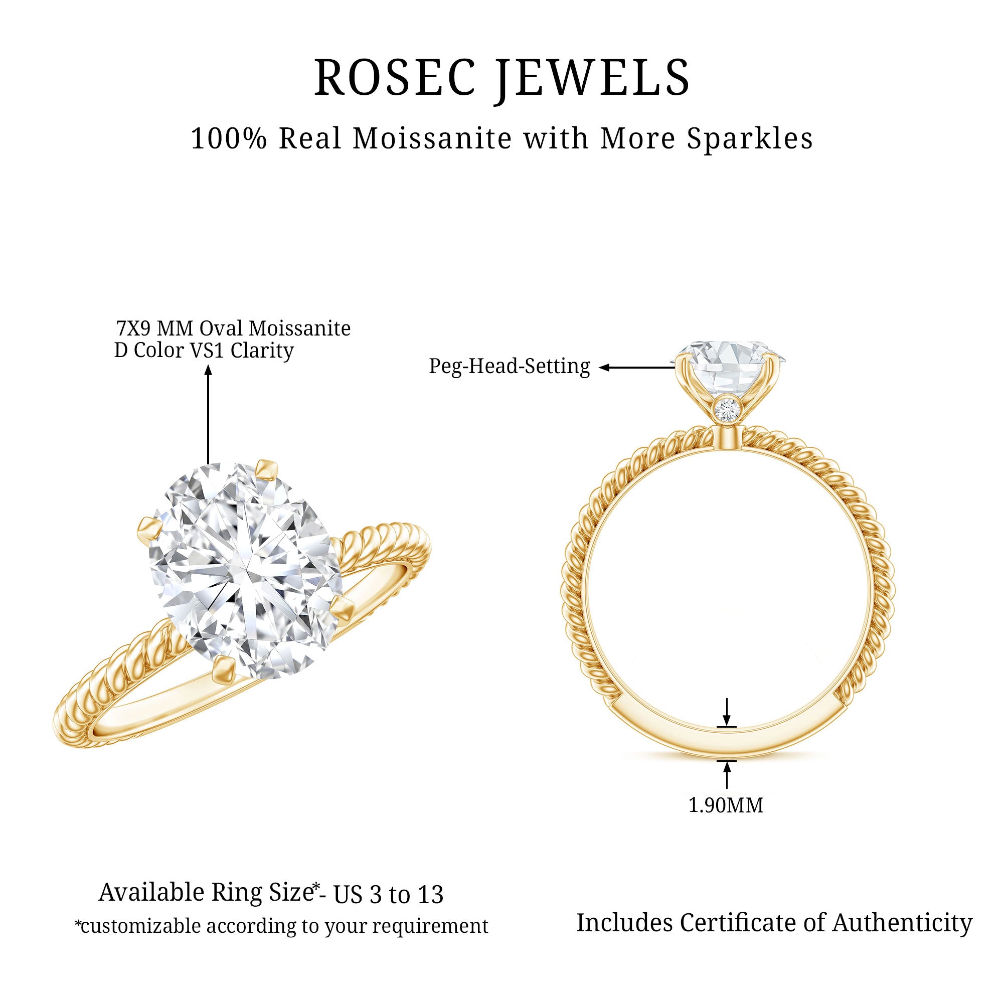 Oval Shape Moissanite Solitaire Engagement Ring with Twisted Rope D-VS1 - Rosec Jewels