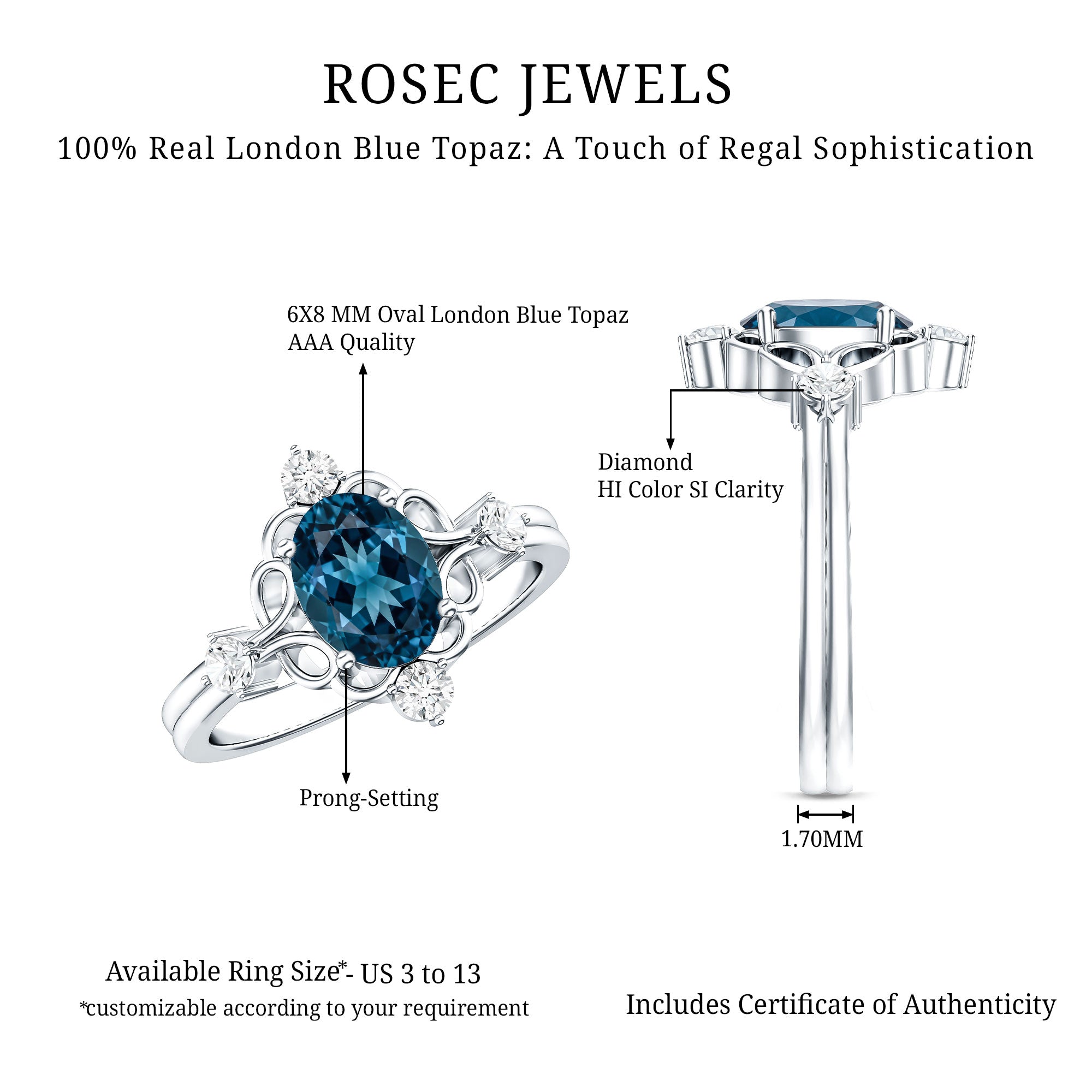 Art Deco Inspired Blue Topaz Oval Engagement Ring with Diamond AAA - Rosec Jewels