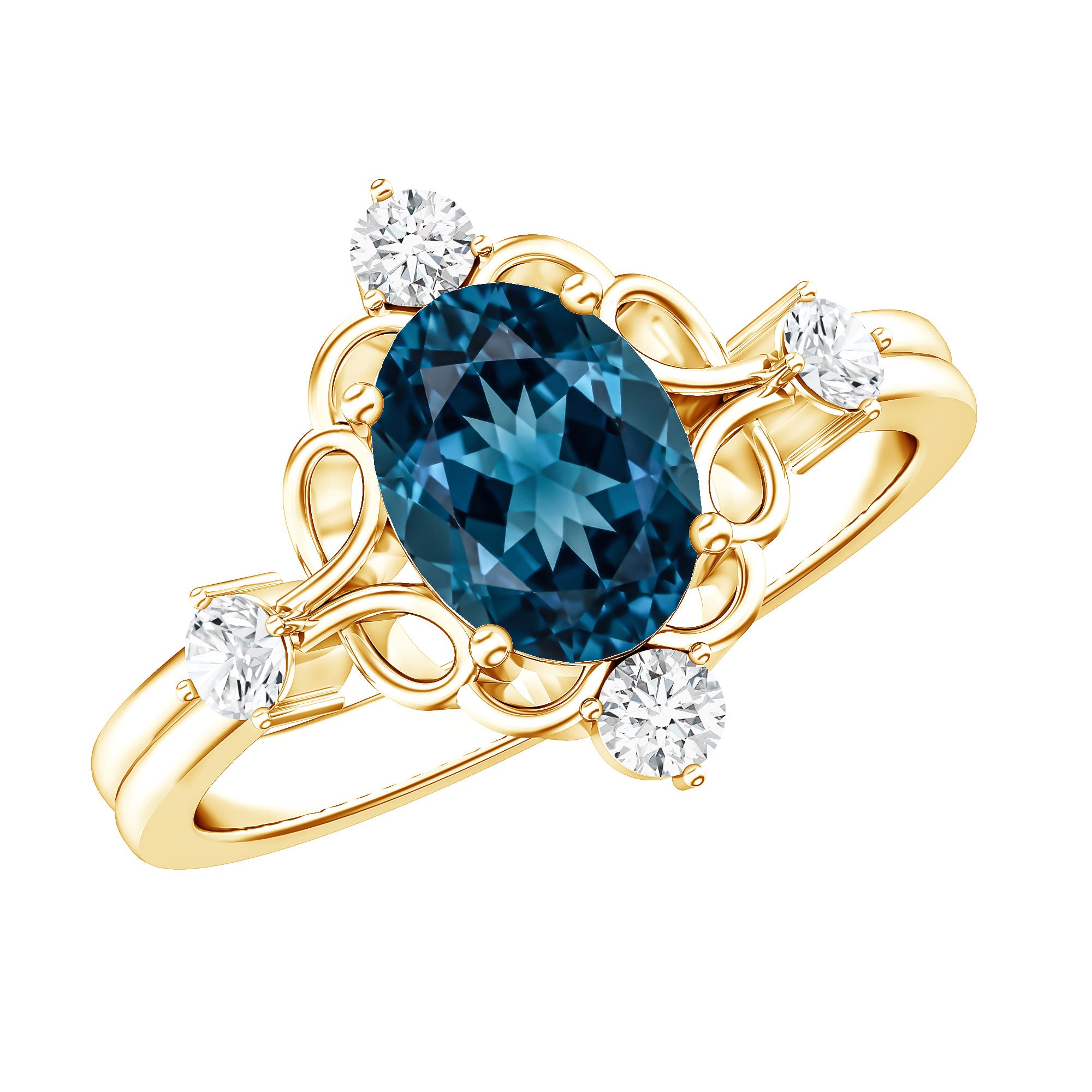 Art Deco Inspired Blue Topaz Oval Engagement Ring with Diamond AAA - Rosec Jewels