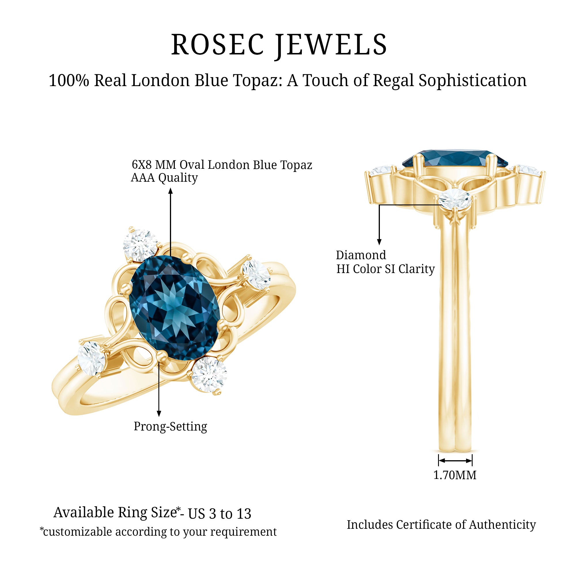 Art Deco Inspired Blue Topaz Oval Engagement Ring with Diamond AAA - Rosec Jewels