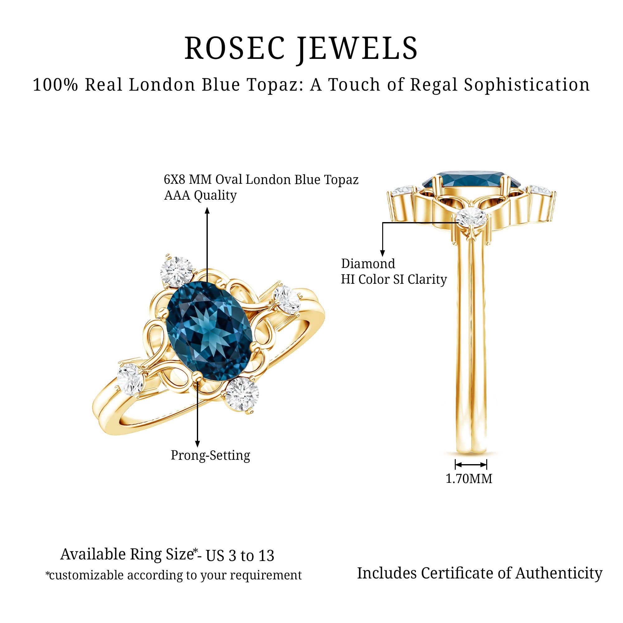 Art Deco Inspired Blue Topaz Oval Engagement Ring with Diamond AAA - Rosec Jewels