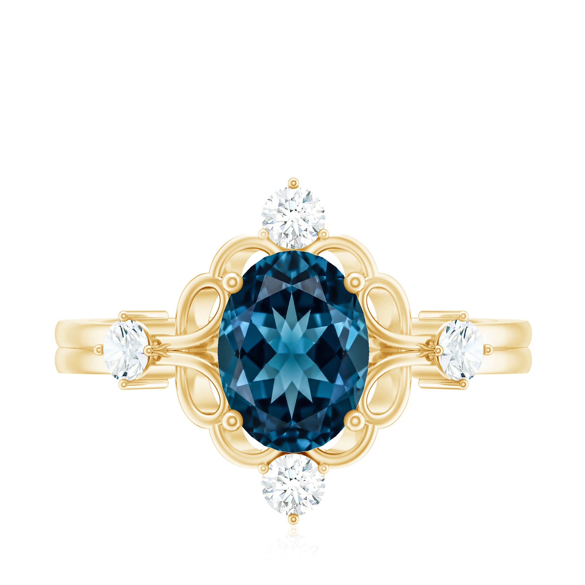 Art Deco Inspired Blue Topaz Oval Engagement Ring with Diamond AAA - Rosec Jewels