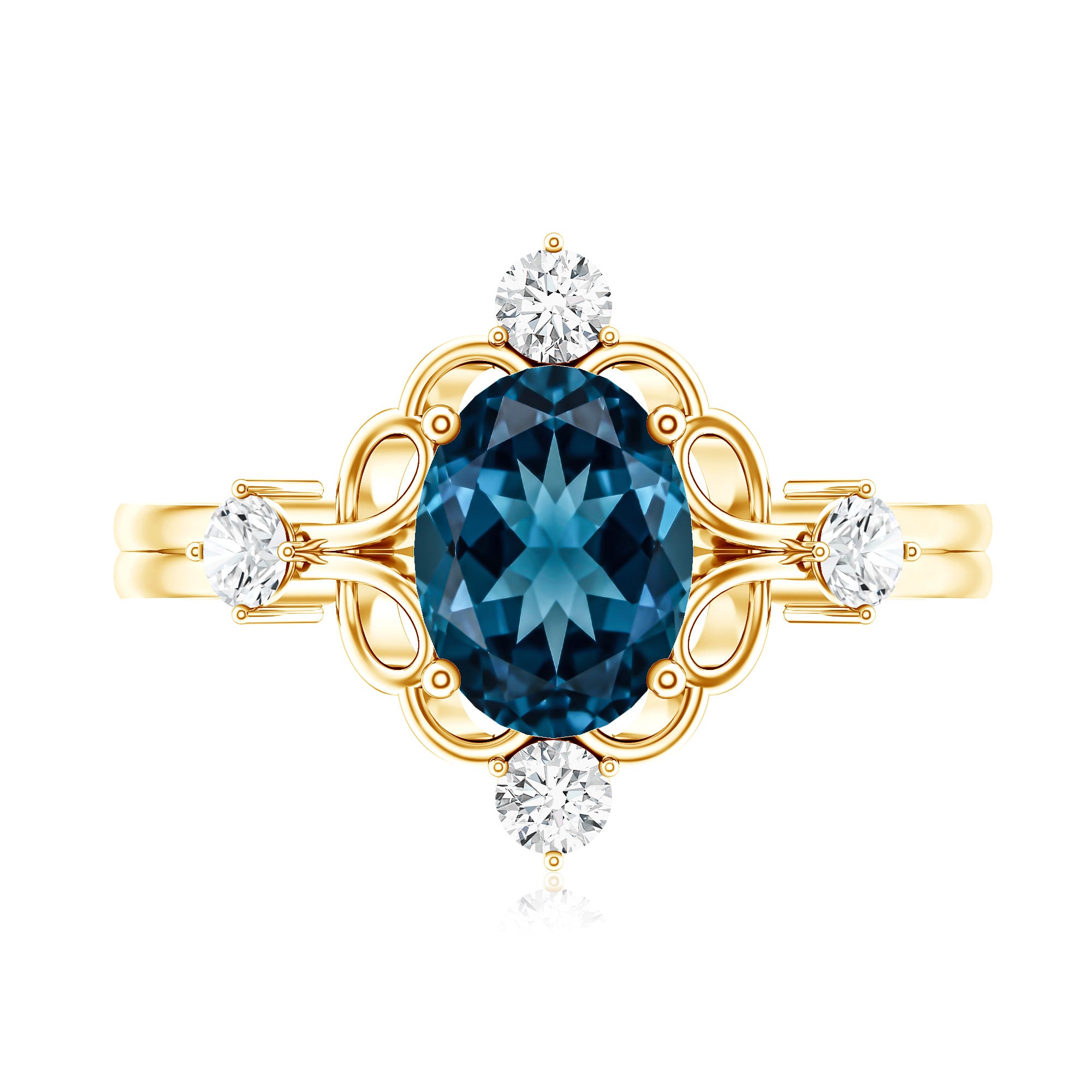 Art Deco Inspired Blue Topaz Oval Engagement Ring with Diamond AAA - Rosec Jewels