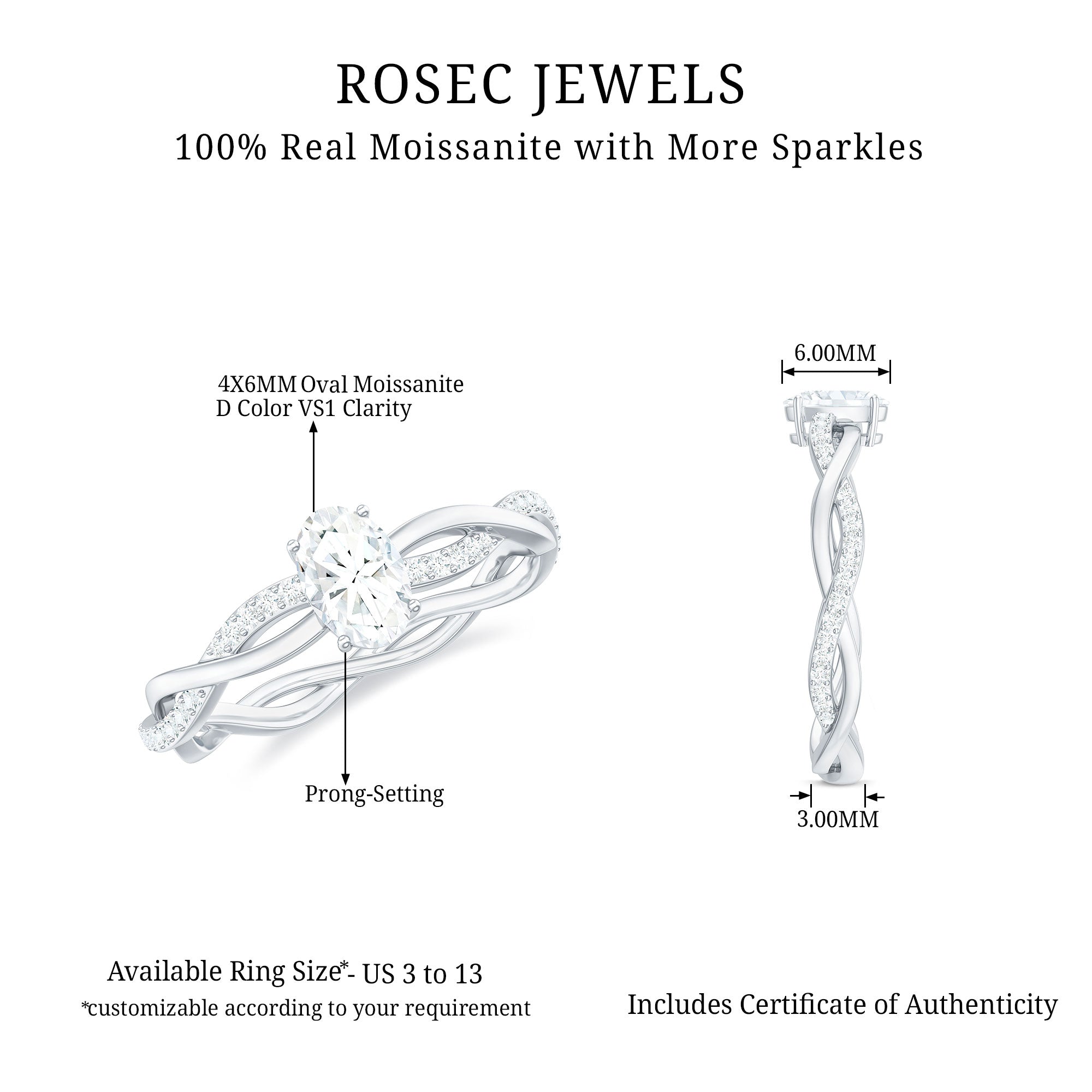 Oval Cut Moissanite Braided Engagement Ring D-VS1 - Rosec Jewels