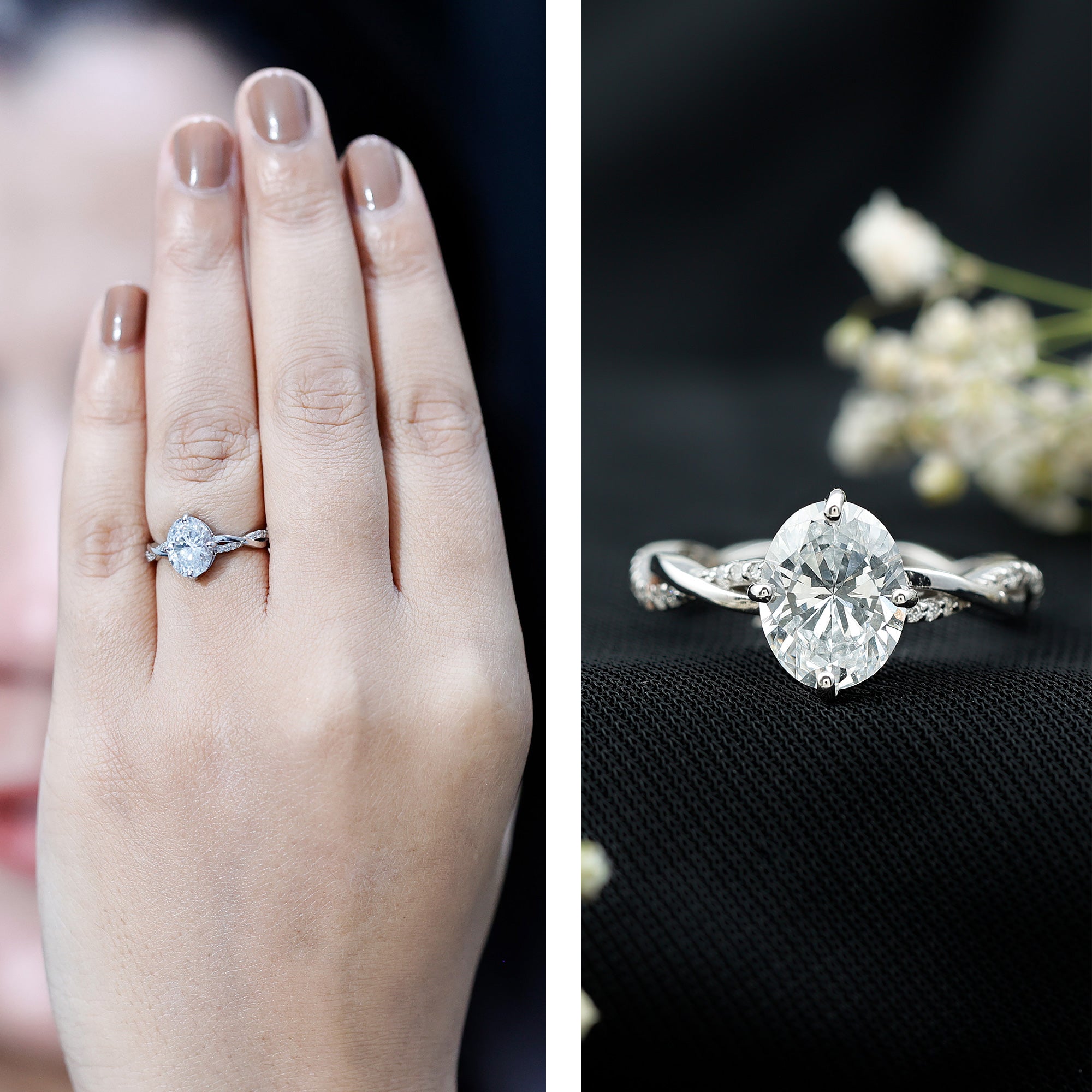 Moissanite Oval Engagement Ring With Diagonal Prong Setting D-VS1 - Rosec Jewels