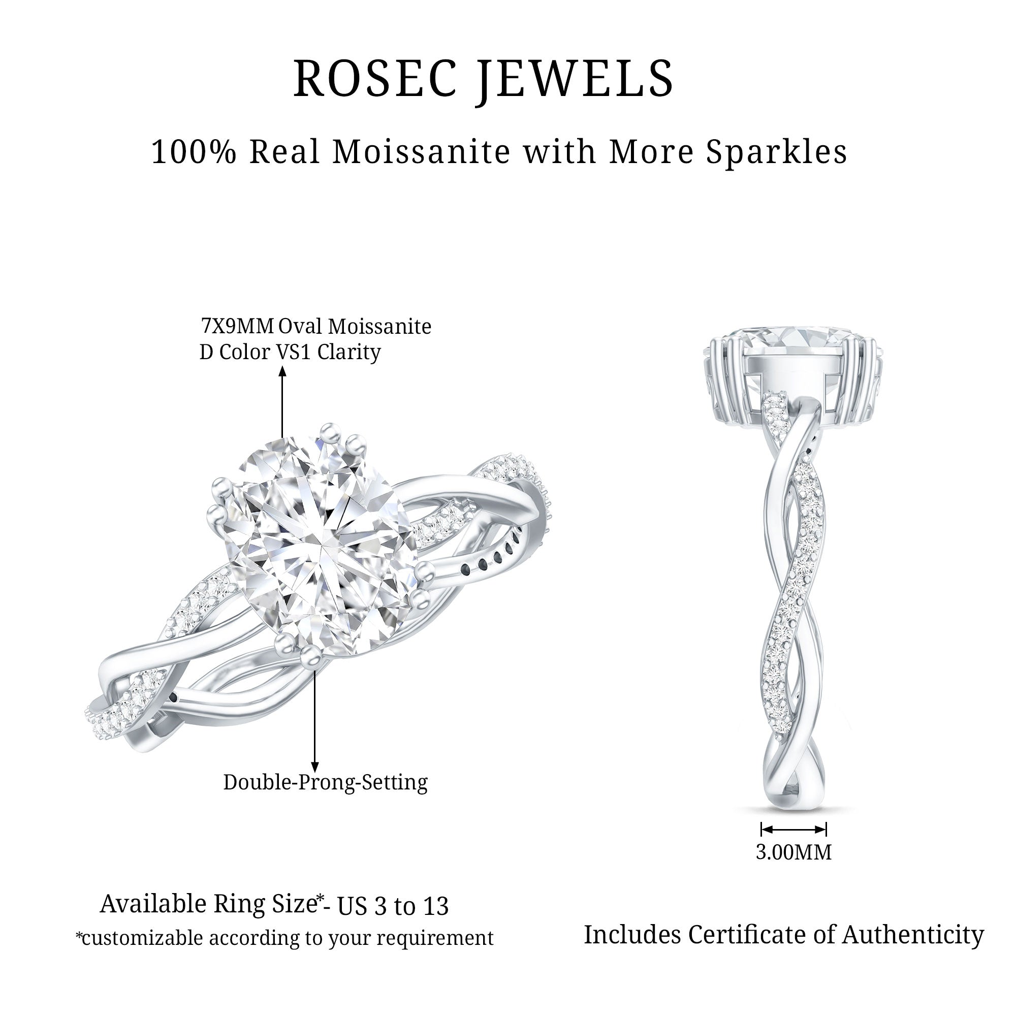 7X9 MM Certified Moissanite Oval Engagement Ring with Double Prong D-VS1 - Rosec Jewels