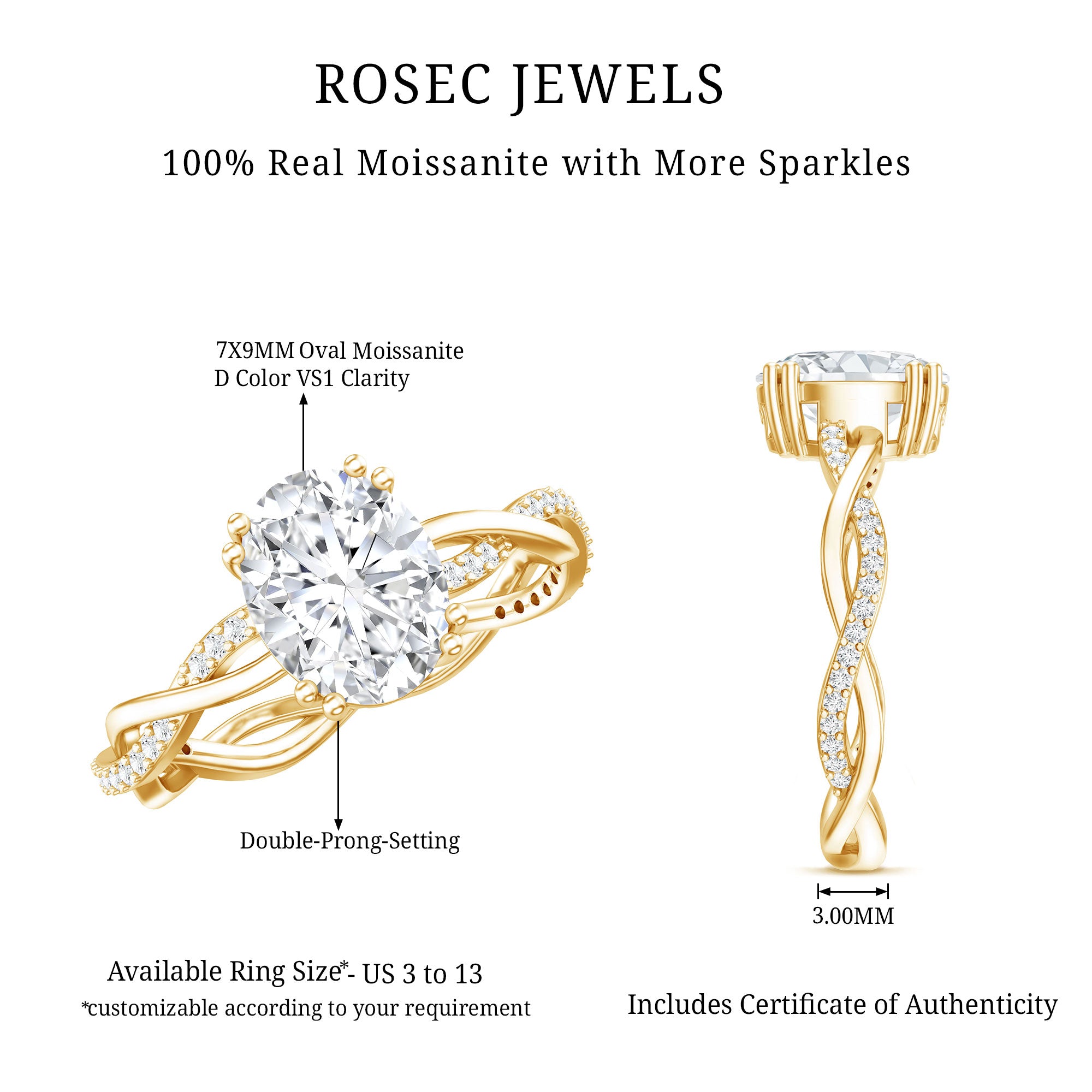 7X9 MM Certified Moissanite Oval Engagement Ring with Double Prong D-VS1 - Rosec Jewels
