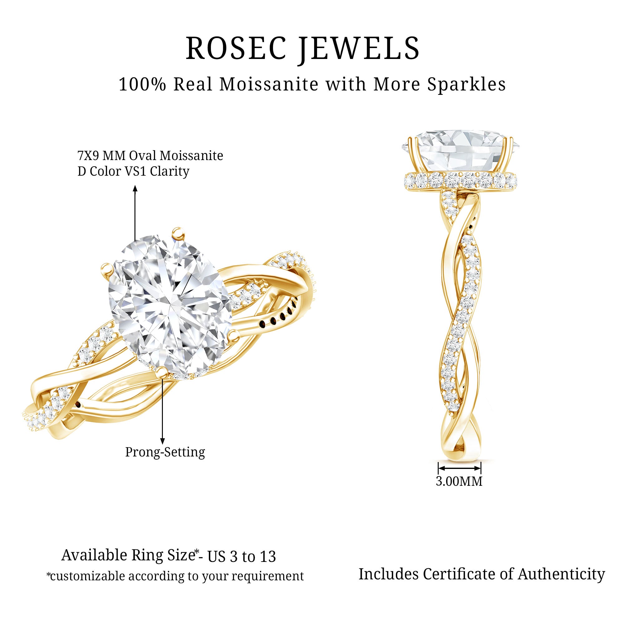 Certified 2 Carat Moissanite Hidden Halo Engagement Ring in Silver D-VS1 14K Yellow Gold Plated Silver - Rosec Jewels